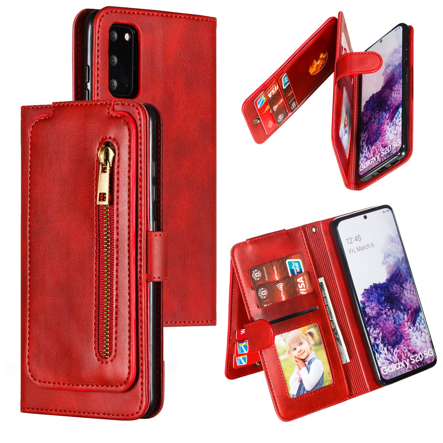 Zipper Pocket 9 Card Slots Leather Wallet Case for Samsung Galaxy S20 4G/S20 5G - Red