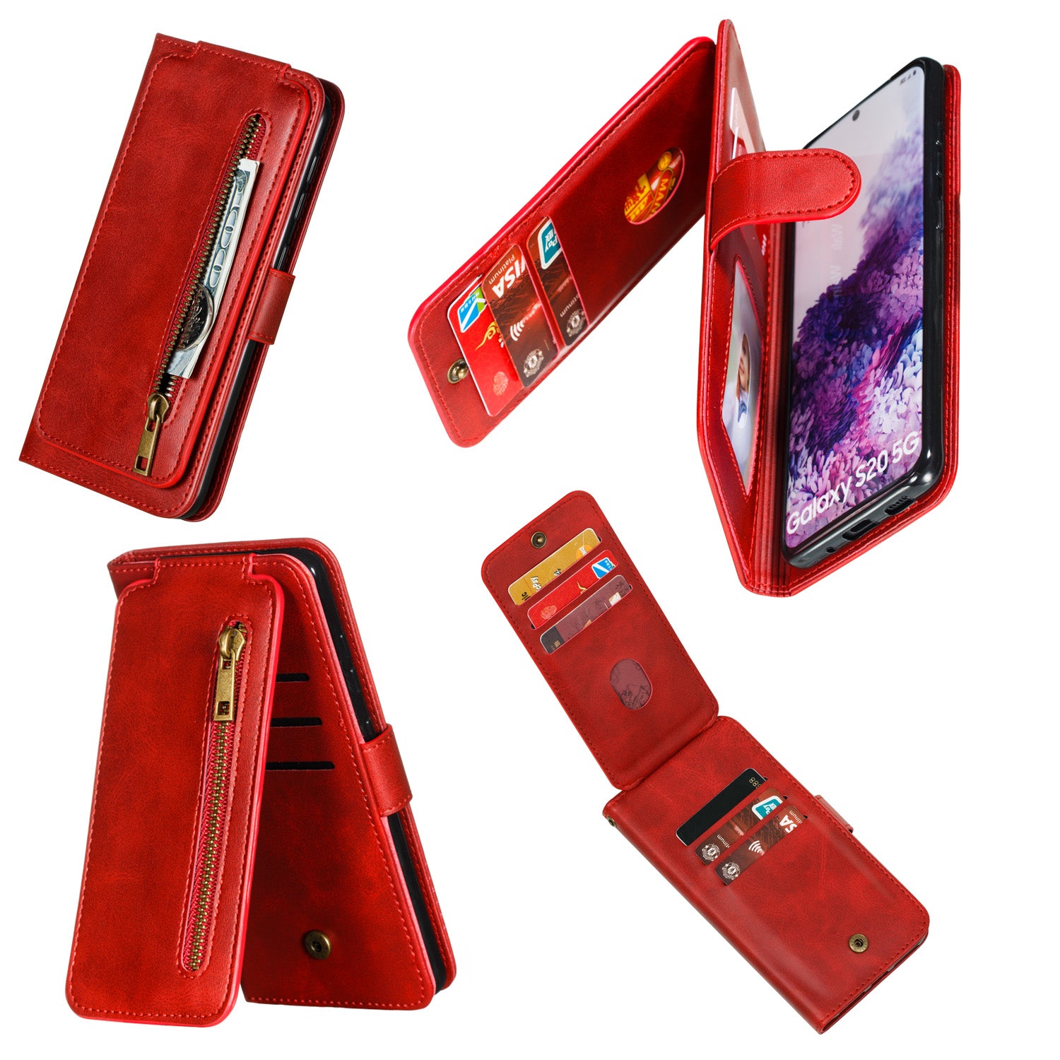 Zipper Pocket 9 Card Slots Leather Wallet Case for Samsung Galaxy S20 4G/S20 5G - Red