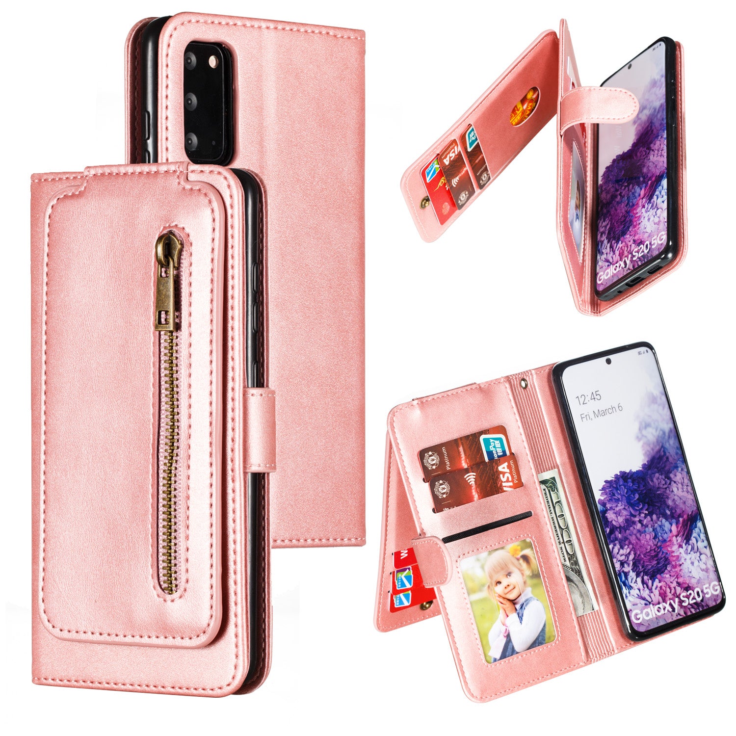 Zipper Pocket 9 Card Slots Leather Wallet Case for Samsung Galaxy S20 4G/S20 5G - Rose Gold