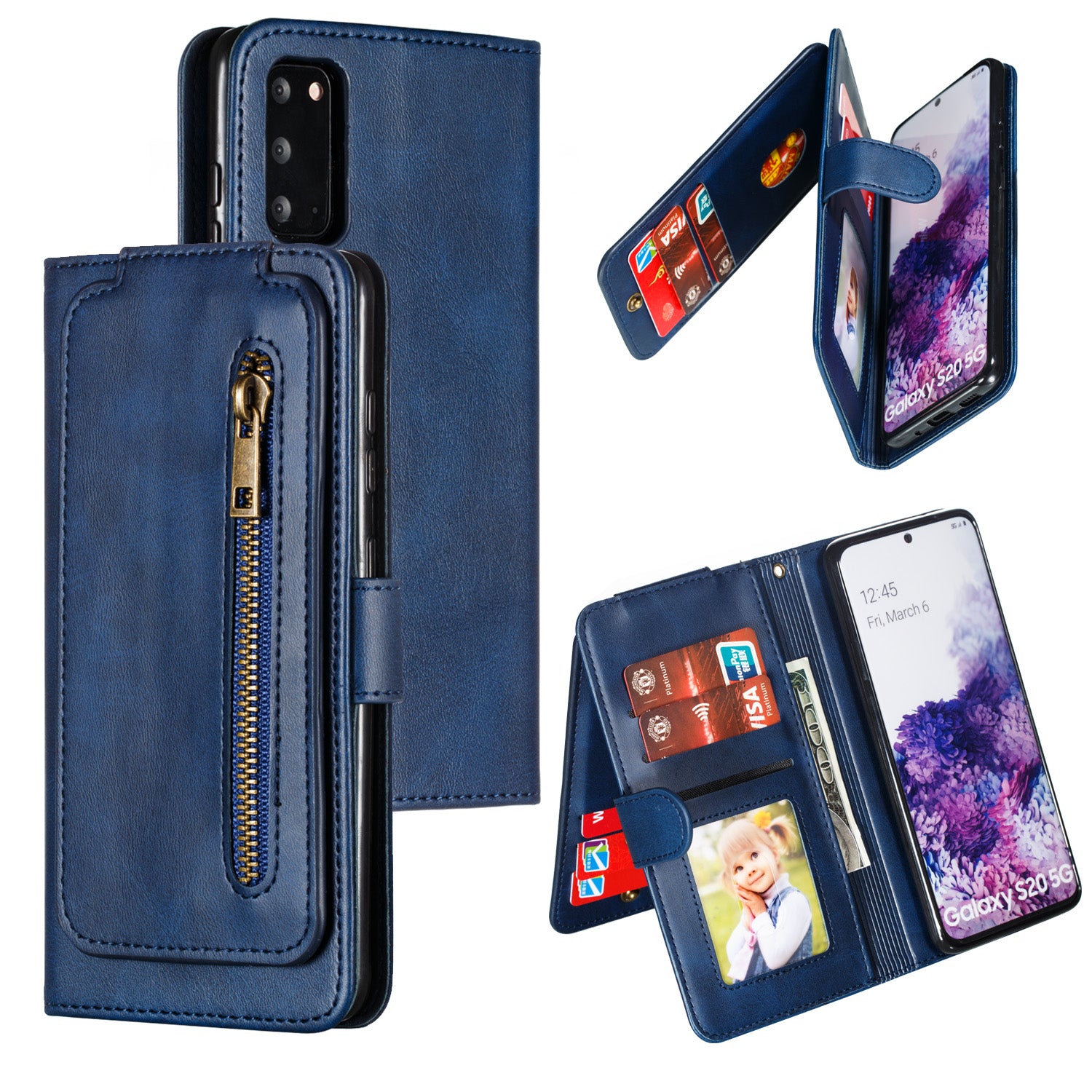 Zipper Pocket 9 Card Slots Leather Wallet Case for Samsung Galaxy S20 4G/S20 5G - Blue