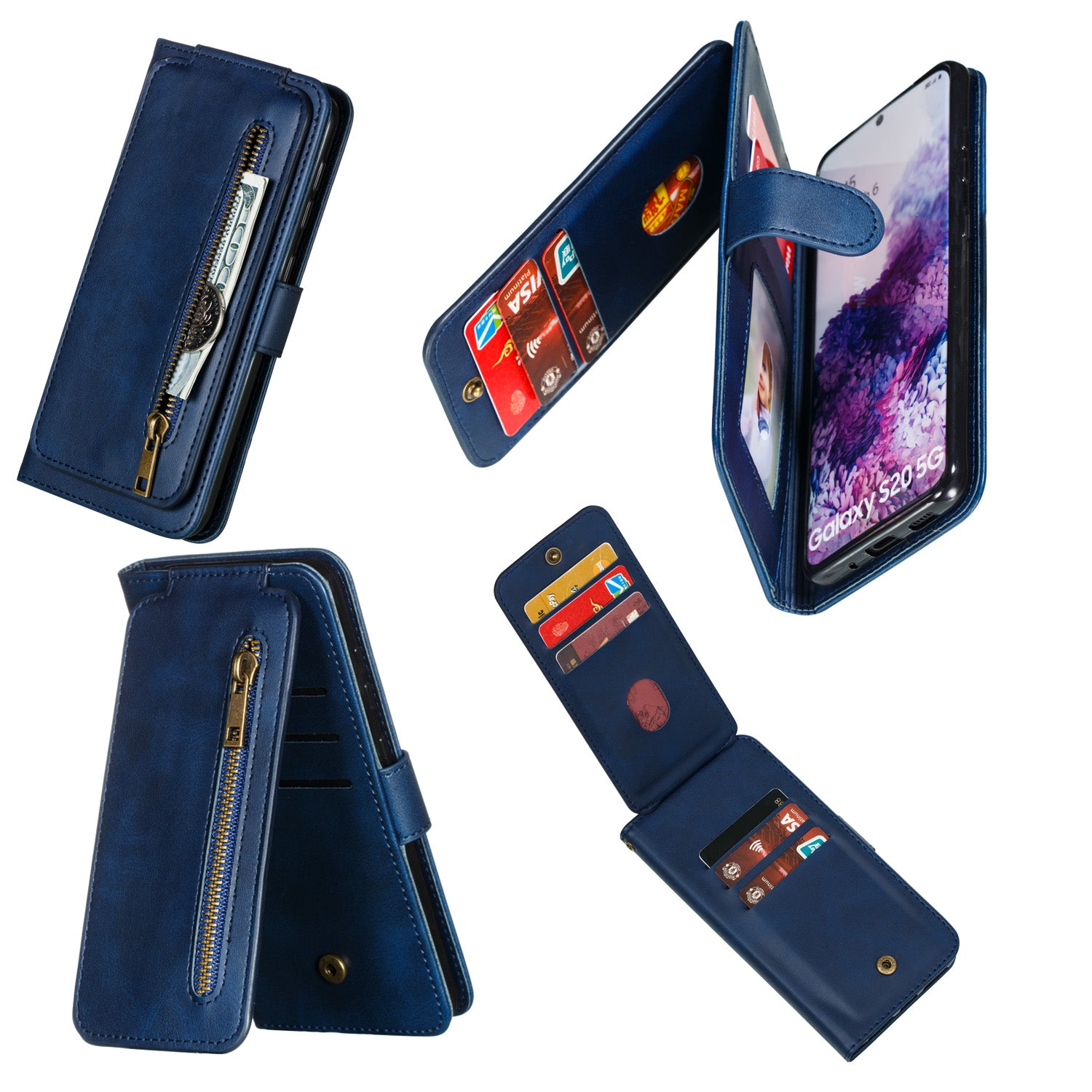 Zipper Pocket 9 Card Slots Leather Wallet Case for Samsung Galaxy S20 4G/S20 5G - Blue