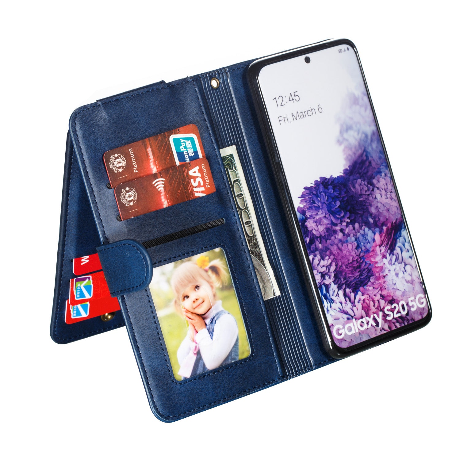 Zipper Pocket 9 Card Slots Leather Wallet Case for Samsung Galaxy S20 4G/S20 5G - Blue