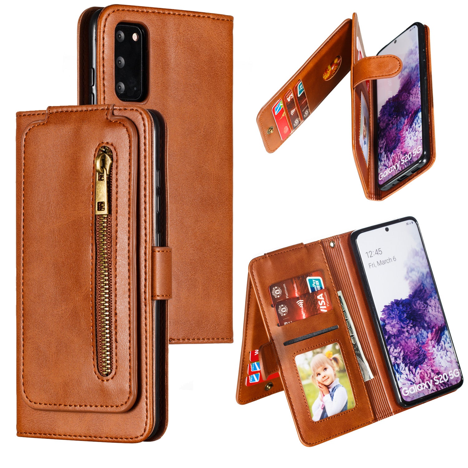 Zipper Pocket 9 Card Slots Leather Wallet Case for Samsung Galaxy S20 4G/S20 5G - Brown