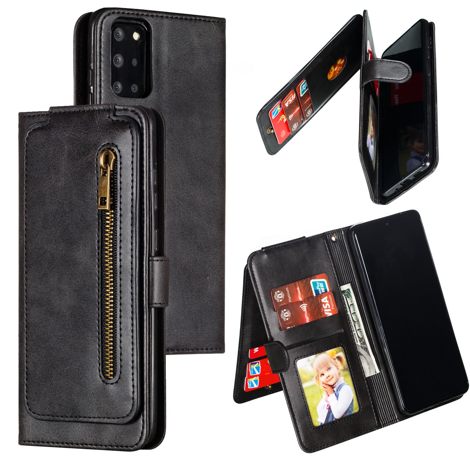 Zipper Pocket 9 Card Slots Leather Wallet Case for Samsung Galaxy S20 Plus / S20 Plus 5G - Black