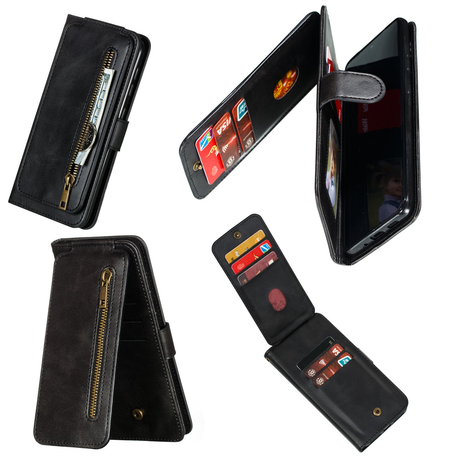 Zipper Pocket 9 Card Slots Leather Wallet Case for Samsung Galaxy S20 Plus / S20 Plus 5G - Black