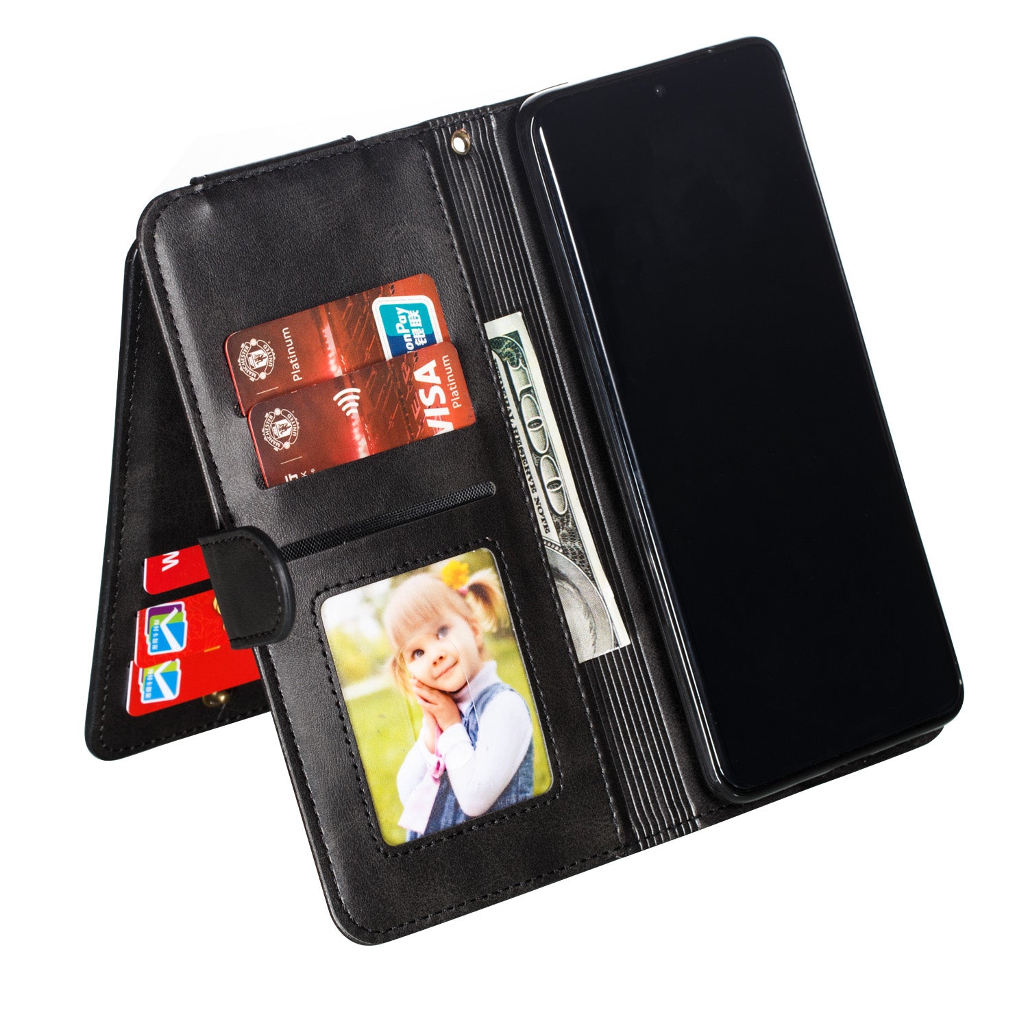 Zipper Pocket 9 Card Slots Leather Wallet Case for Samsung Galaxy S20 Plus / S20 Plus 5G - Black