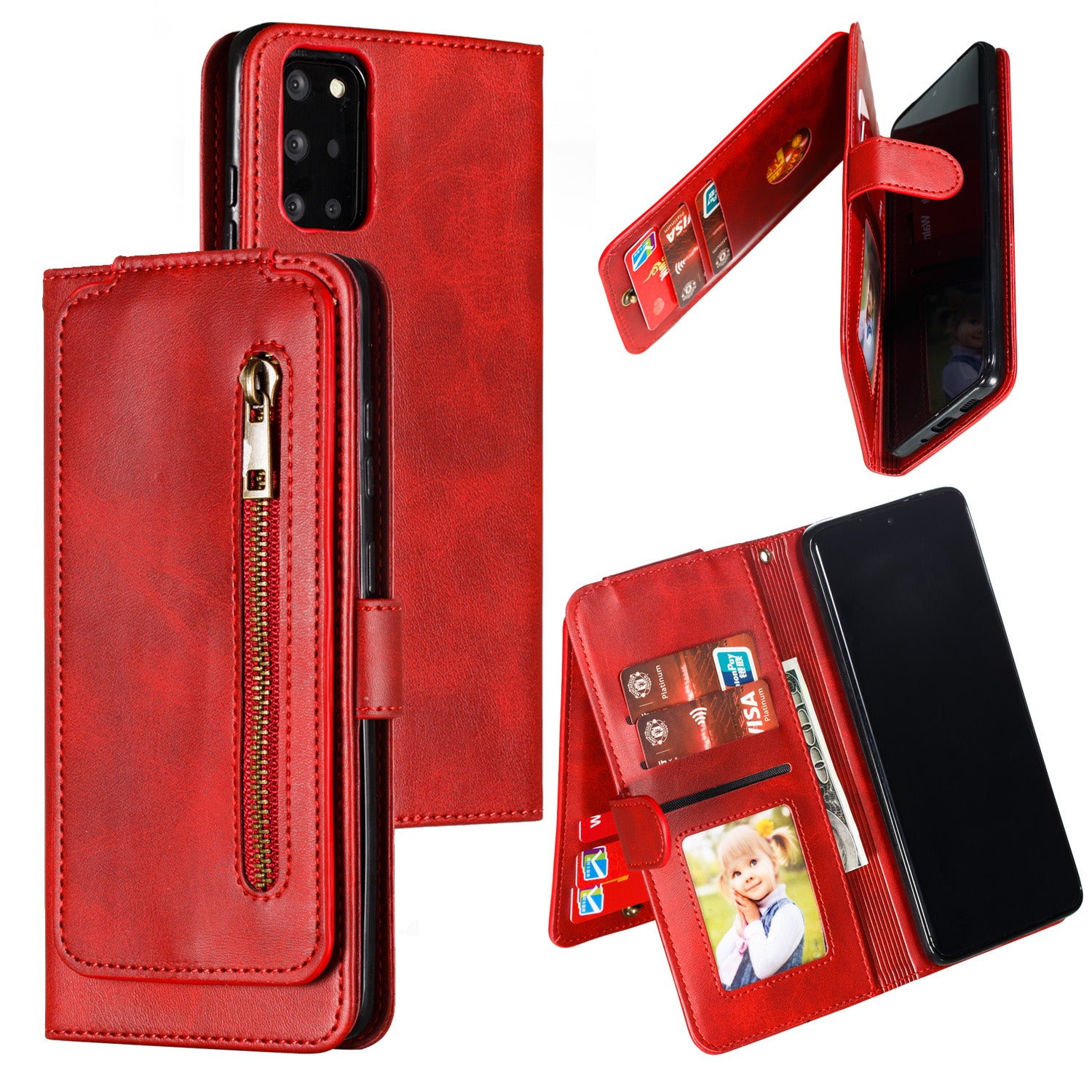 Zipper Pocket 9 Card Slots Leather Wallet Case for Samsung Galaxy S20 Plus / S20 Plus 5G - Red