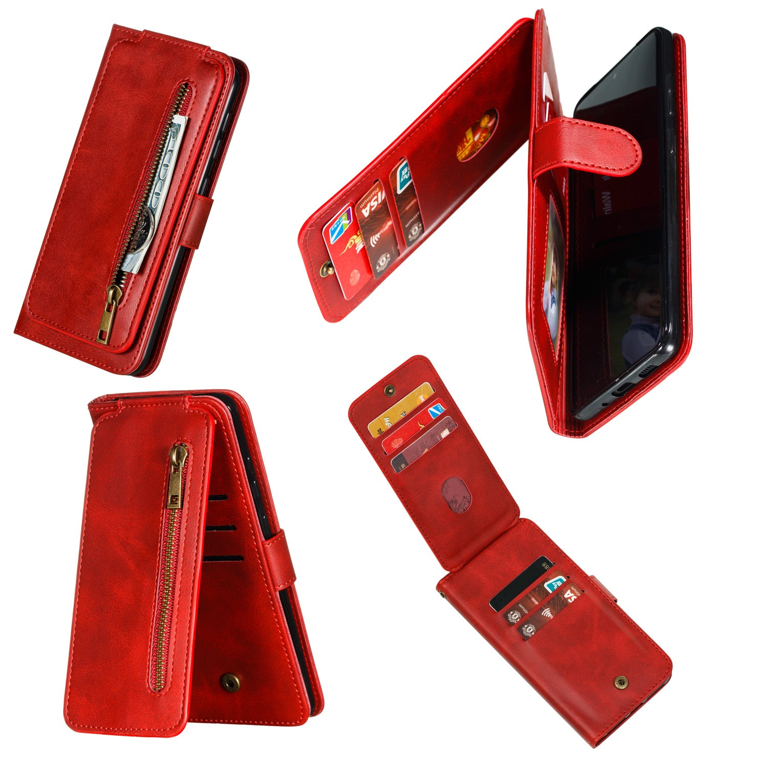 Zipper Pocket 9 Card Slots Leather Wallet Case for Samsung Galaxy S20 Plus / S20 Plus 5G - Red