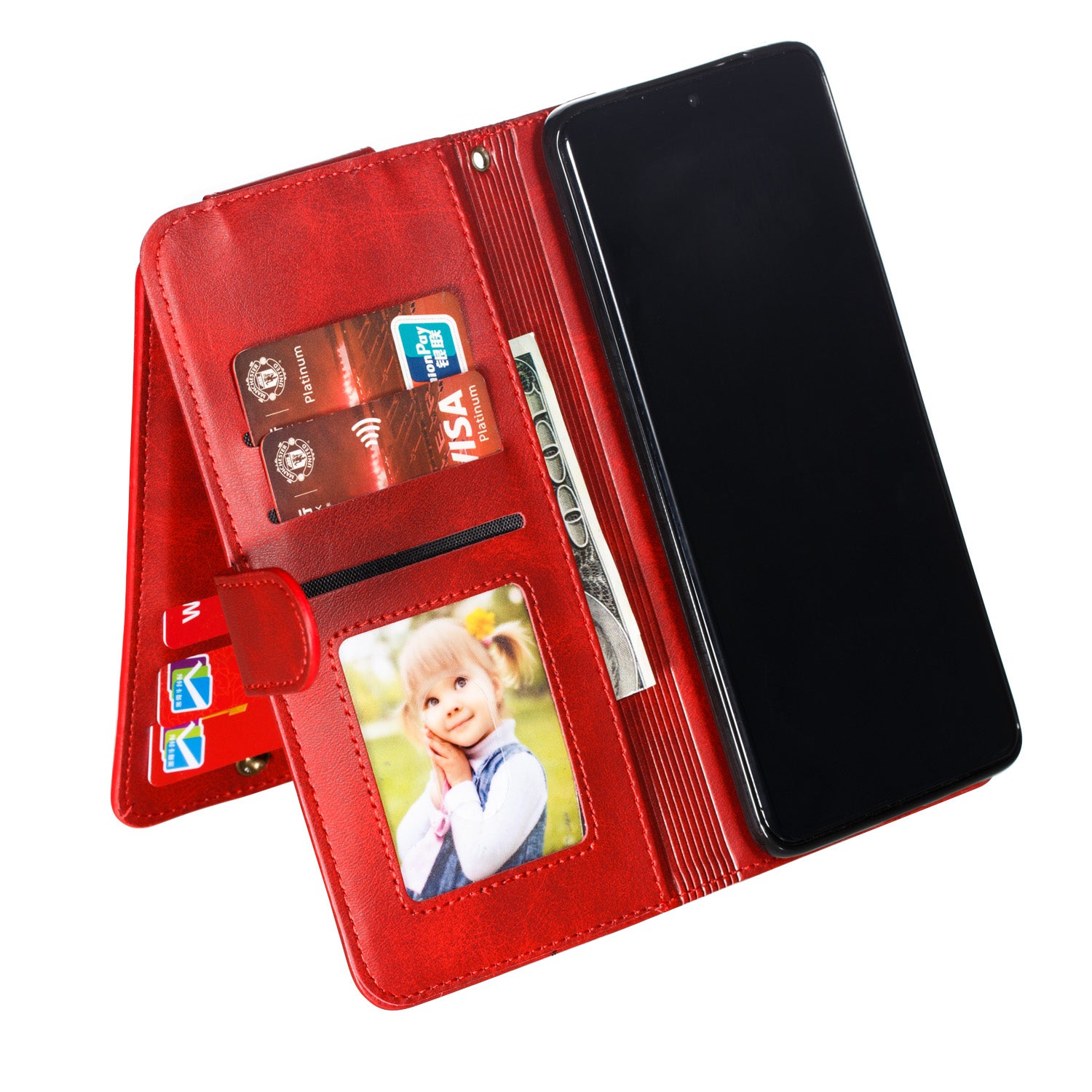 Zipper Pocket 9 Card Slots Leather Wallet Case for Samsung Galaxy S20 Plus / S20 Plus 5G - Red