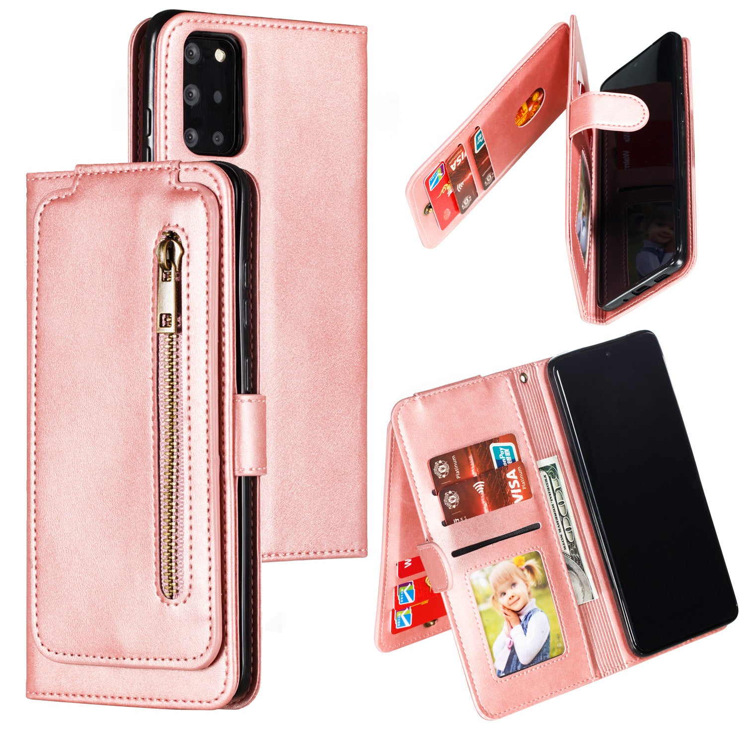 Zipper Pocket 9 Card Slots Leather Wallet Case for Samsung Galaxy S20 Plus / S20 Plus 5G - Rose Gold