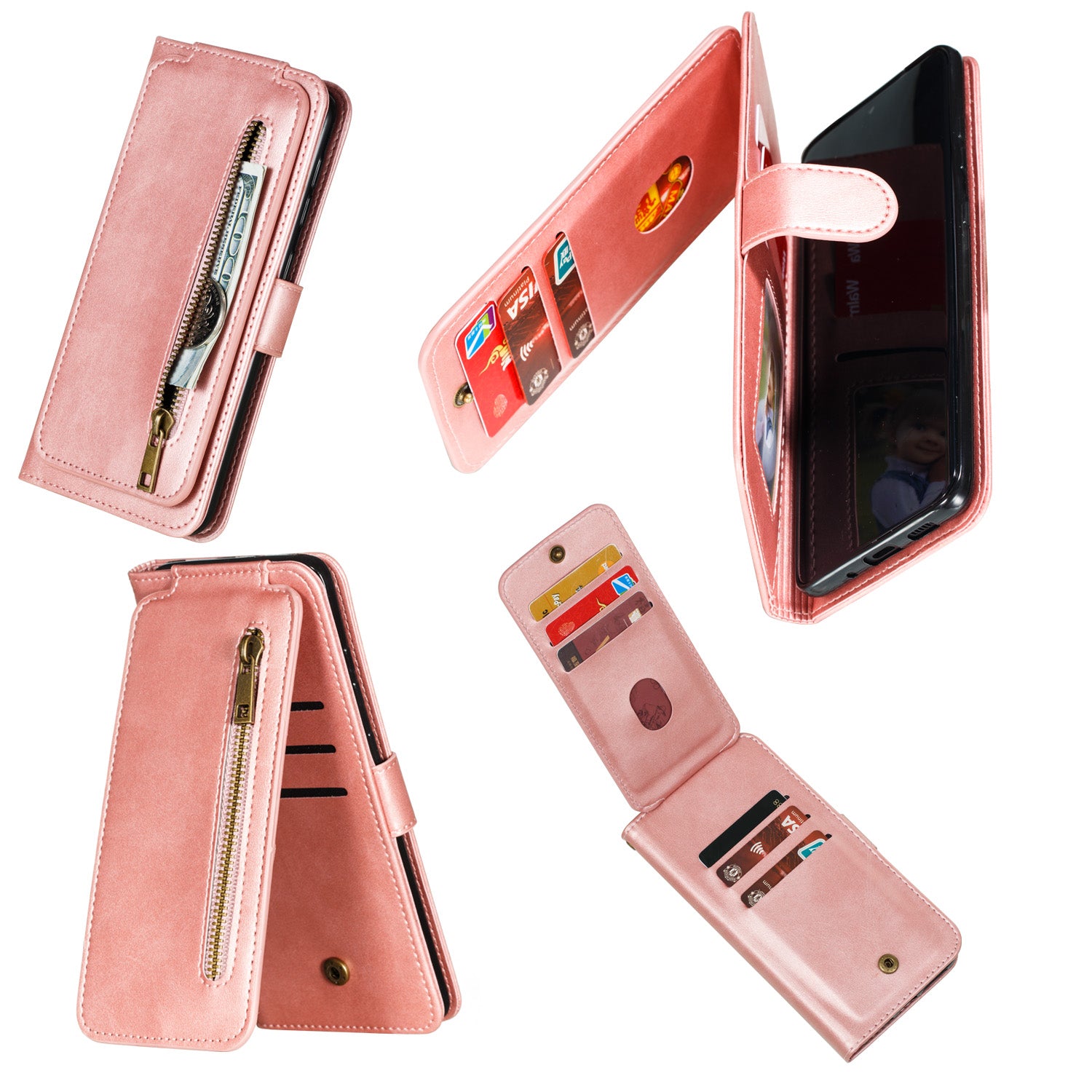 Zipper Pocket 9 Card Slots Leather Wallet Case for Samsung Galaxy S20 Plus / S20 Plus 5G - Rose Gold