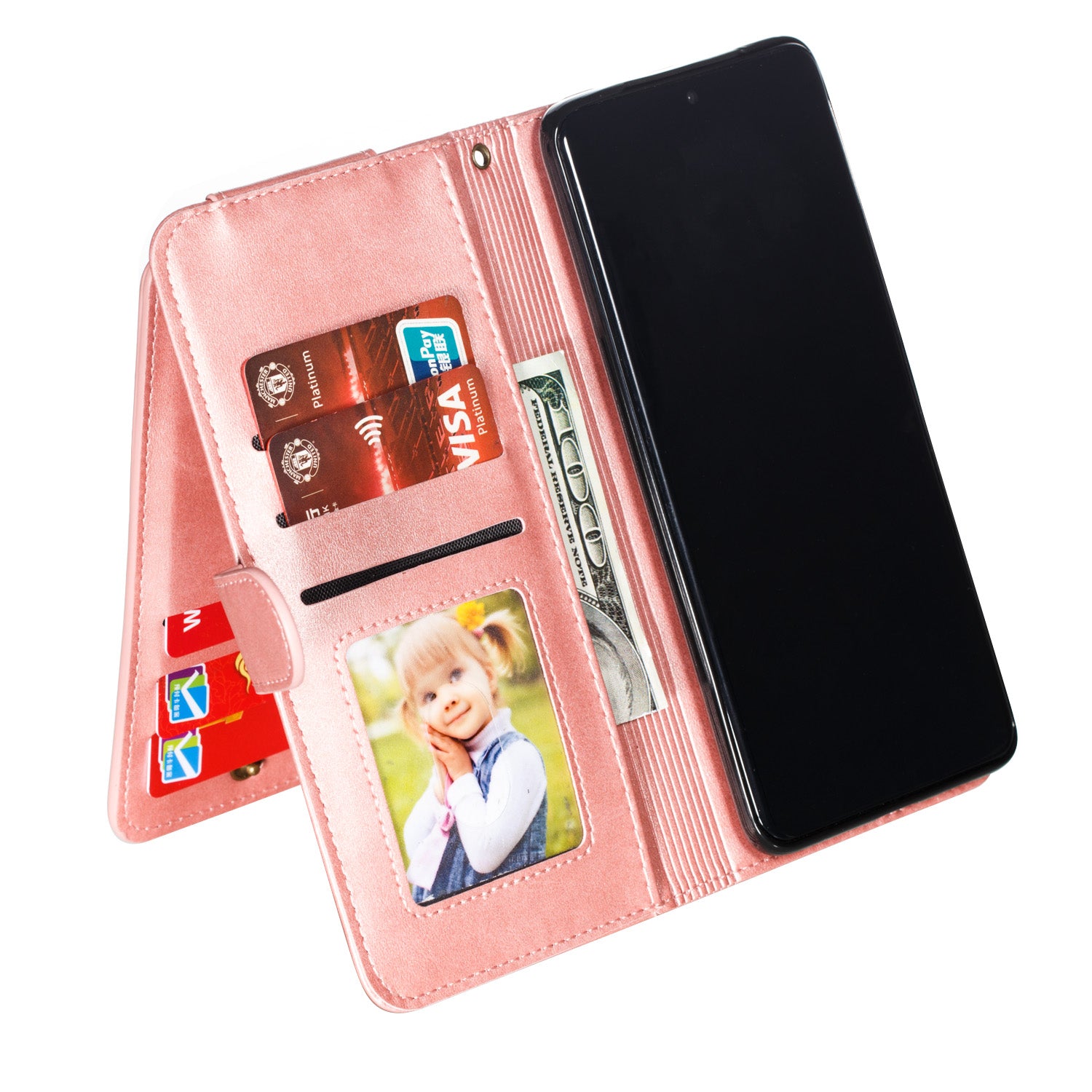 Zipper Pocket 9 Card Slots Leather Wallet Case for Samsung Galaxy S20 Plus / S20 Plus 5G - Rose Gold