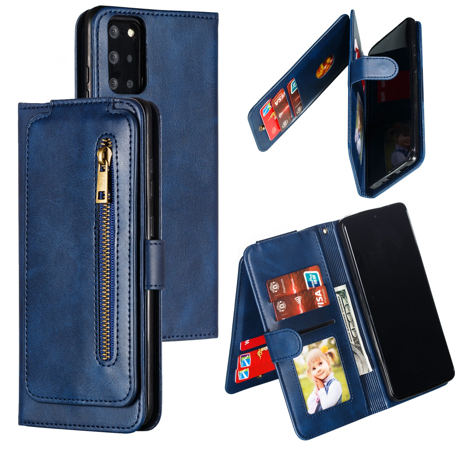 Zipper Pocket 9 Card Slots Leather Wallet Case for Samsung Galaxy S20 Plus / S20 Plus 5G - Blue