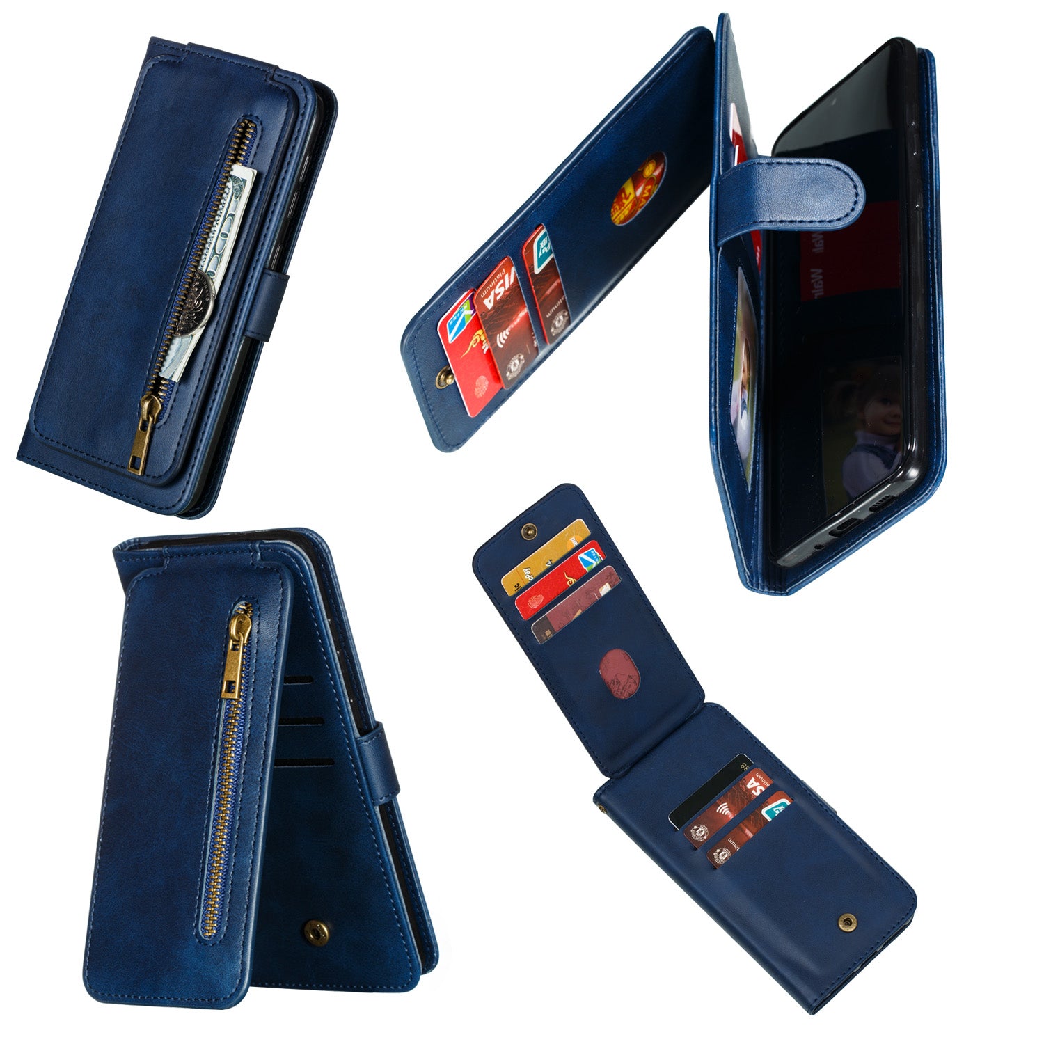 Zipper Pocket 9 Card Slots Leather Wallet Case for Samsung Galaxy S20 Plus / S20 Plus 5G - Blue