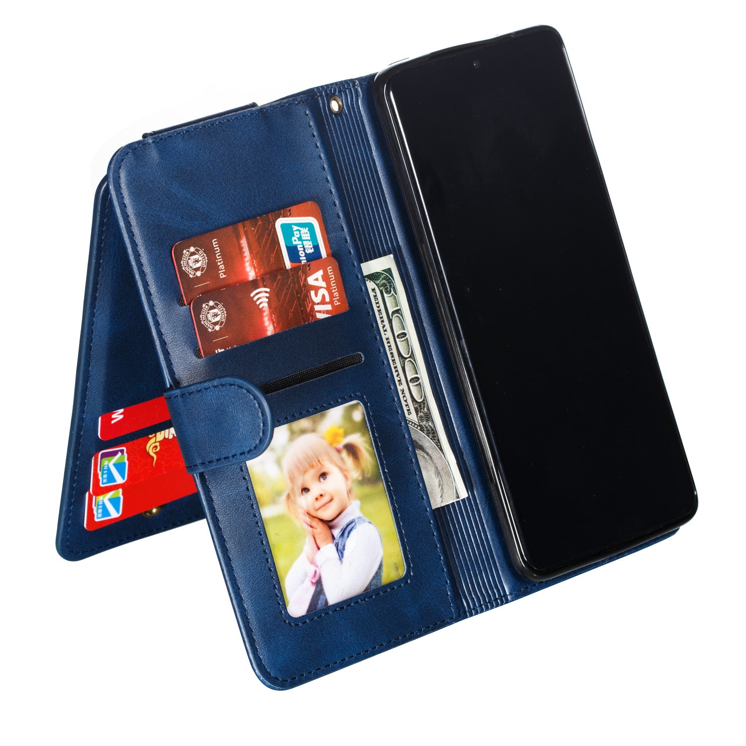 Zipper Pocket 9 Card Slots Leather Wallet Case for Samsung Galaxy S20 Plus / S20 Plus 5G - Blue