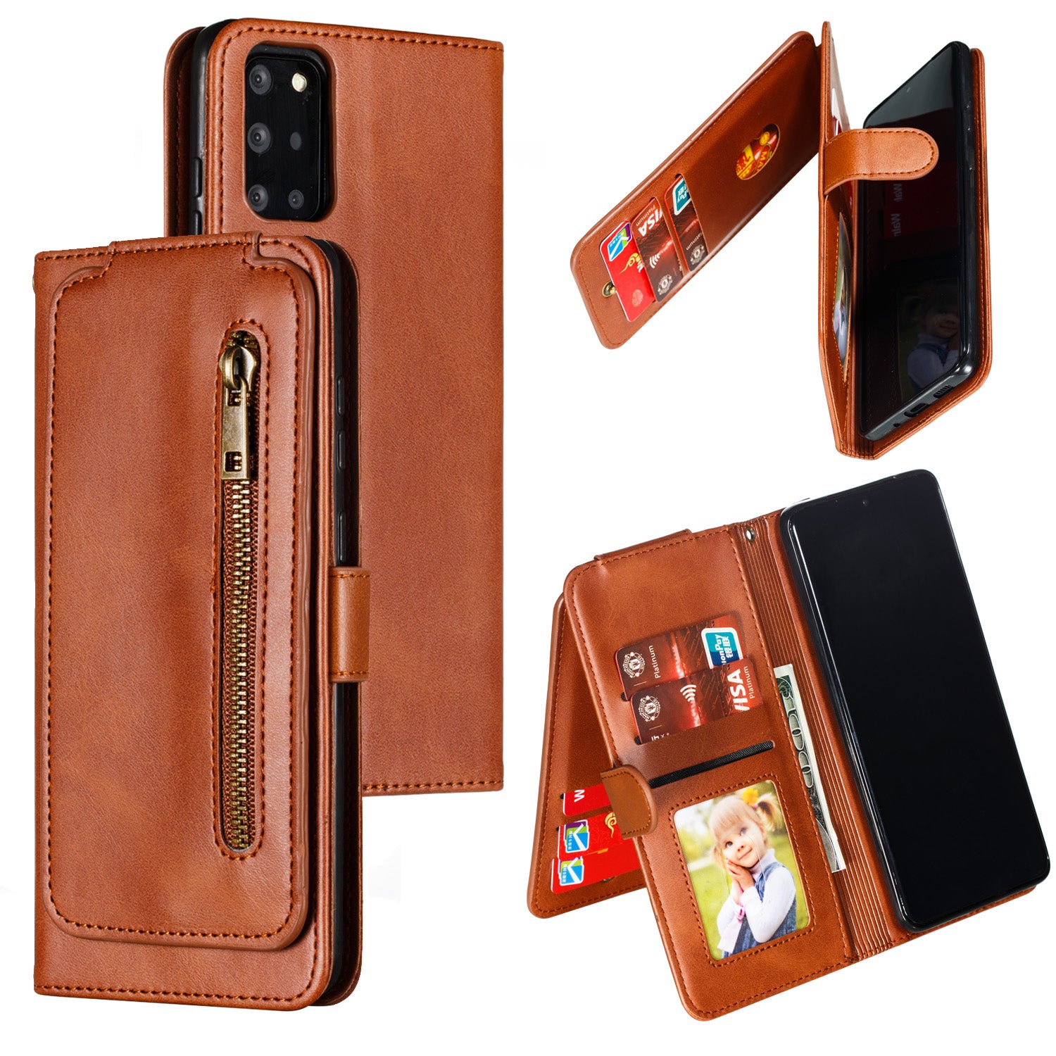 Zipper Pocket 9 Card Slots Leather Wallet Case for Samsung Galaxy S20 Plus / S20 Plus 5G - Brown