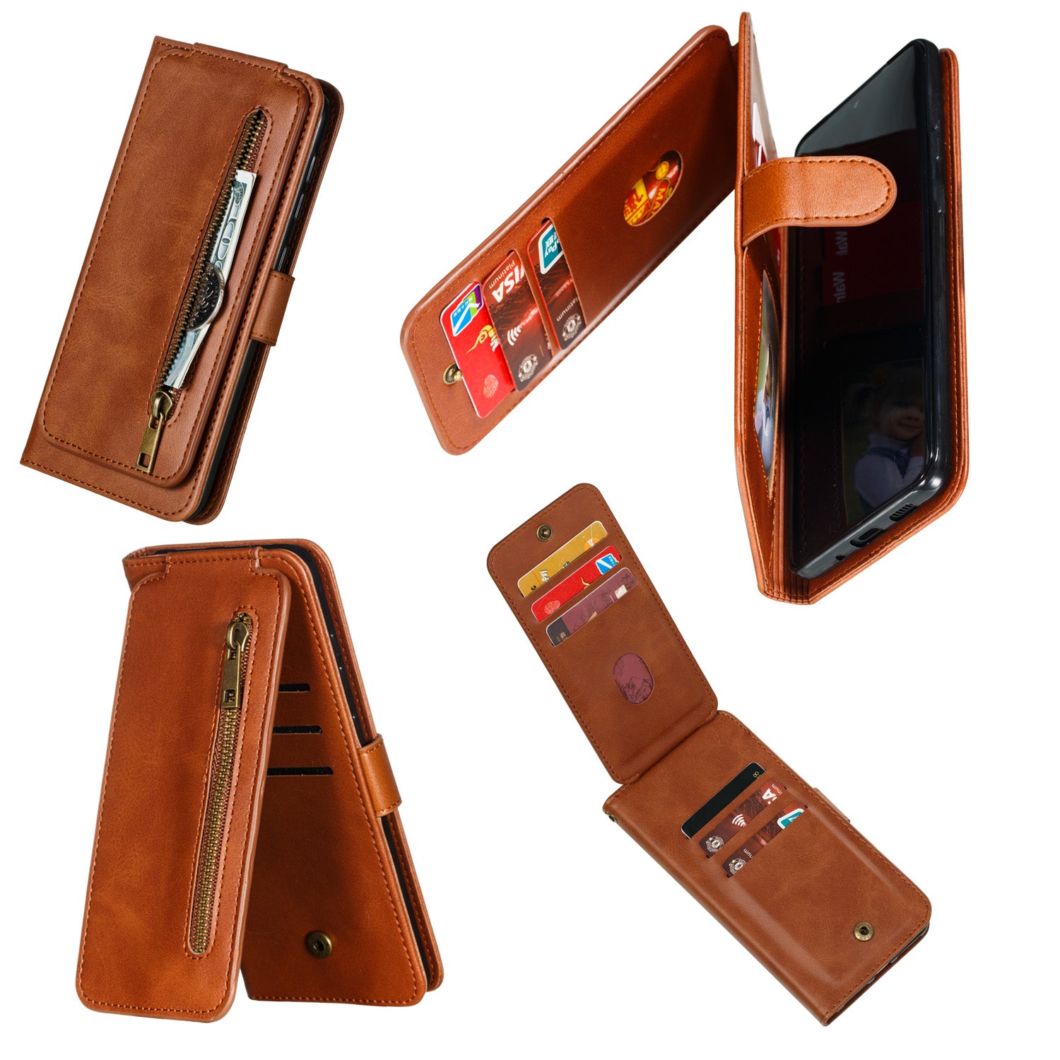 Zipper Pocket 9 Card Slots Leather Wallet Case for Samsung Galaxy S20 Plus / S20 Plus 5G - Brown