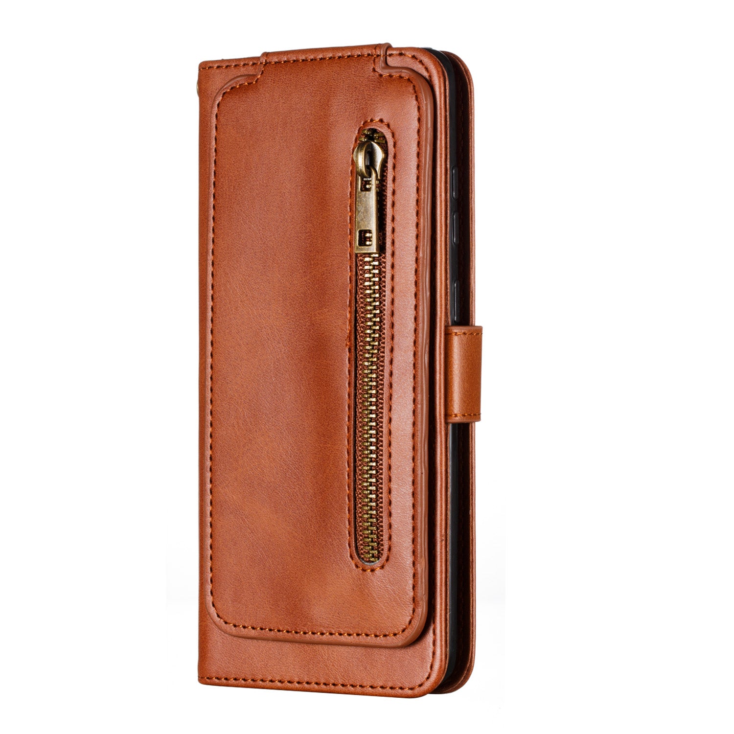 Zipper Pocket 9 Card Slots Leather Wallet Case for Samsung Galaxy S20 Plus / S20 Plus 5G - Brown