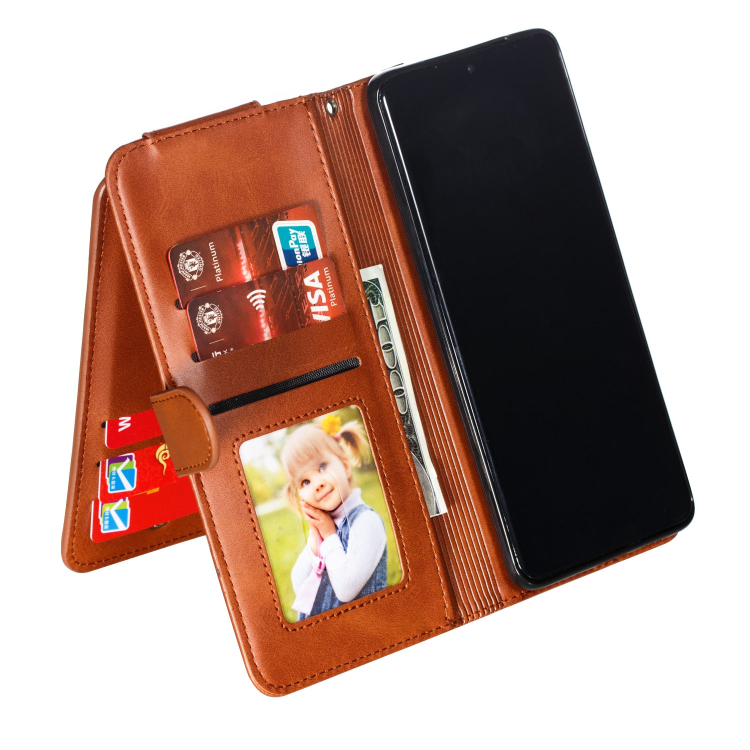 Zipper Pocket 9 Card Slots Leather Wallet Case for Samsung Galaxy S20 Plus / S20 Plus 5G - Brown