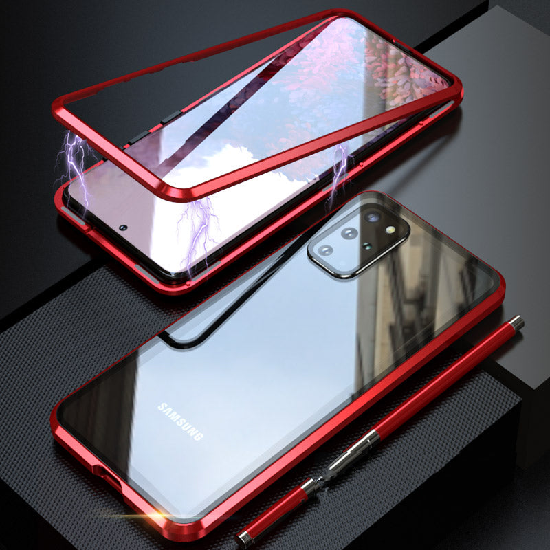 LUPHIE Magnetic Metal Frame + Tempered Glass Back Phone Case Cover for Samsung Galaxy S20 Plus - Red