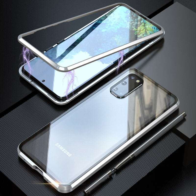 LUPHIE Magnetic Metal Frame + Tempered Glass Back Phone Cover for Samsung Galaxy S20 4G/S20 5G - Silver