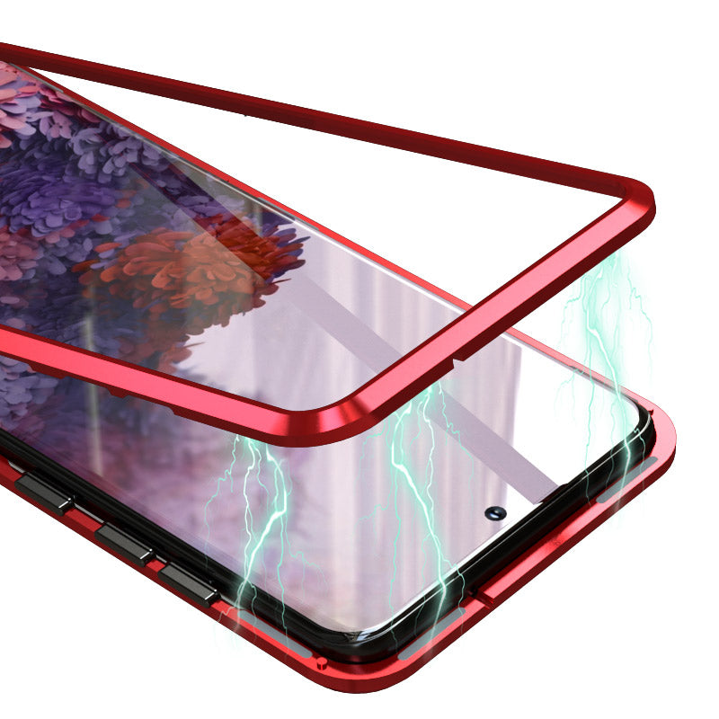 LUPHIE Magnetic Metal Frame + Tempered Glass Back Phone Cover for Samsung Galaxy S20 4G/S20 5G - Red