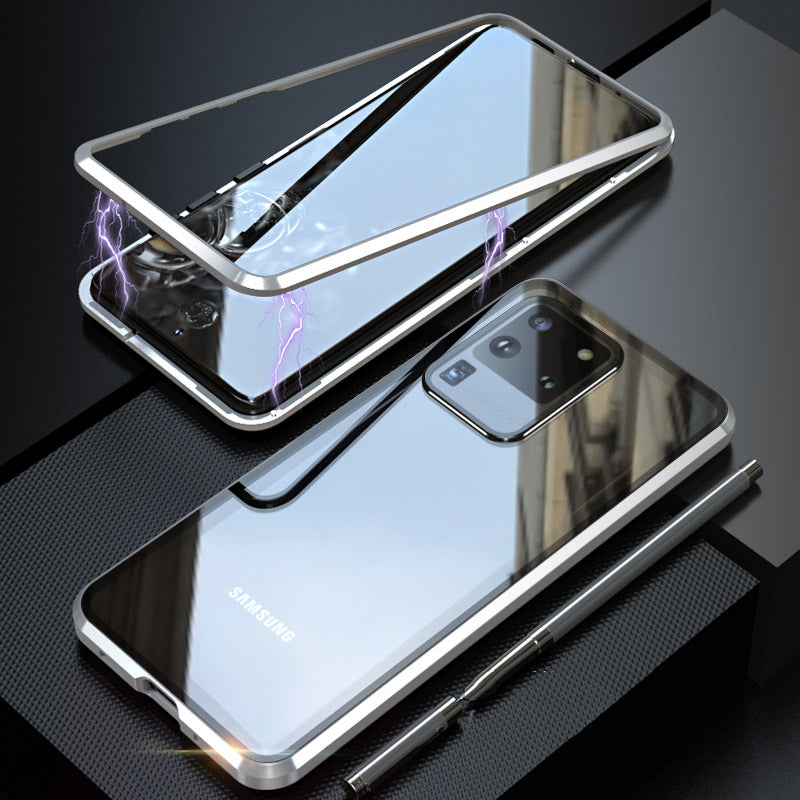 LUPHIE Magnetic Metal Frame + Tempered Glass Back Phone Case for Samsung Galaxy S20 Ultra - Silver