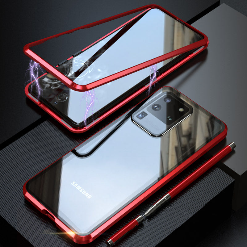 LUPHIE Magnetic Metal Frame + Tempered Glass Back Phone Case for Samsung Galaxy S20 Ultra - Red