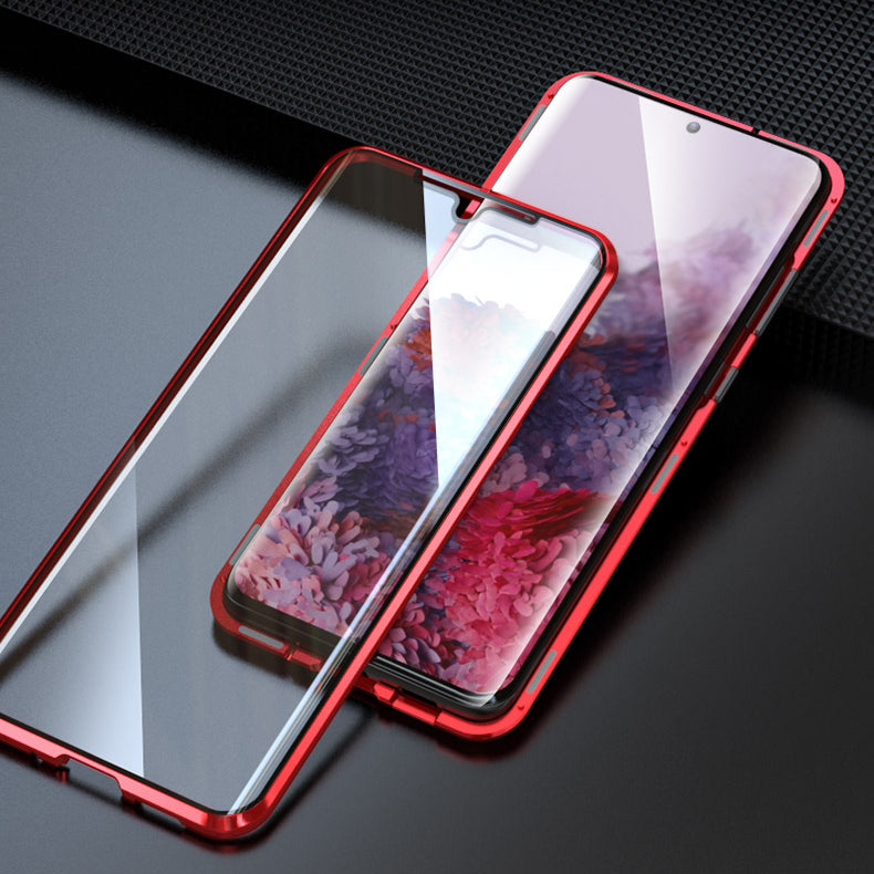 LUPHIE Magnetic Installation Metal Frame + Tempered Glass Phone Cover for Samsung Galaxy S20 Ultra - Red