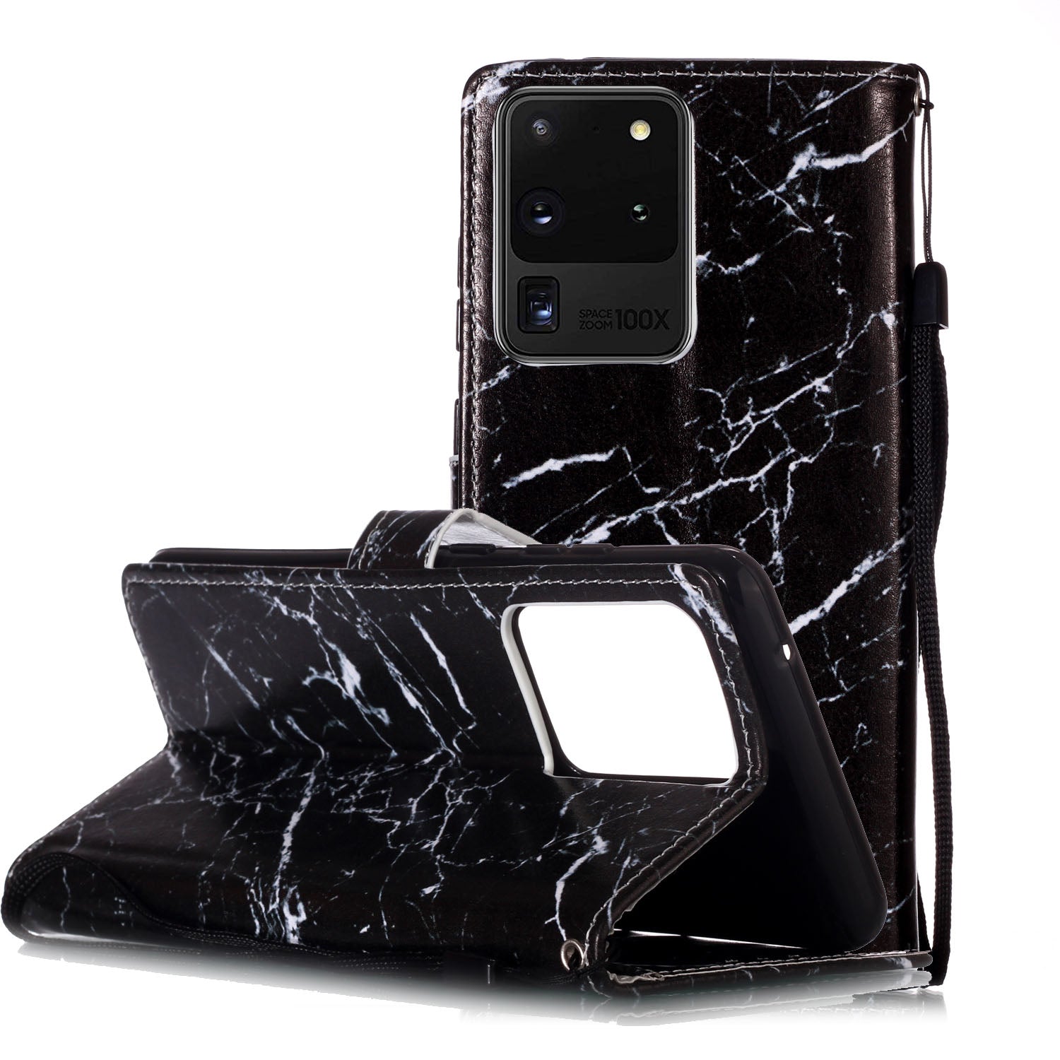 New Pattern Printing Leather Wallet Stand Phone Case for Samsung Galaxy S20 Ultra - Black Marble Grain