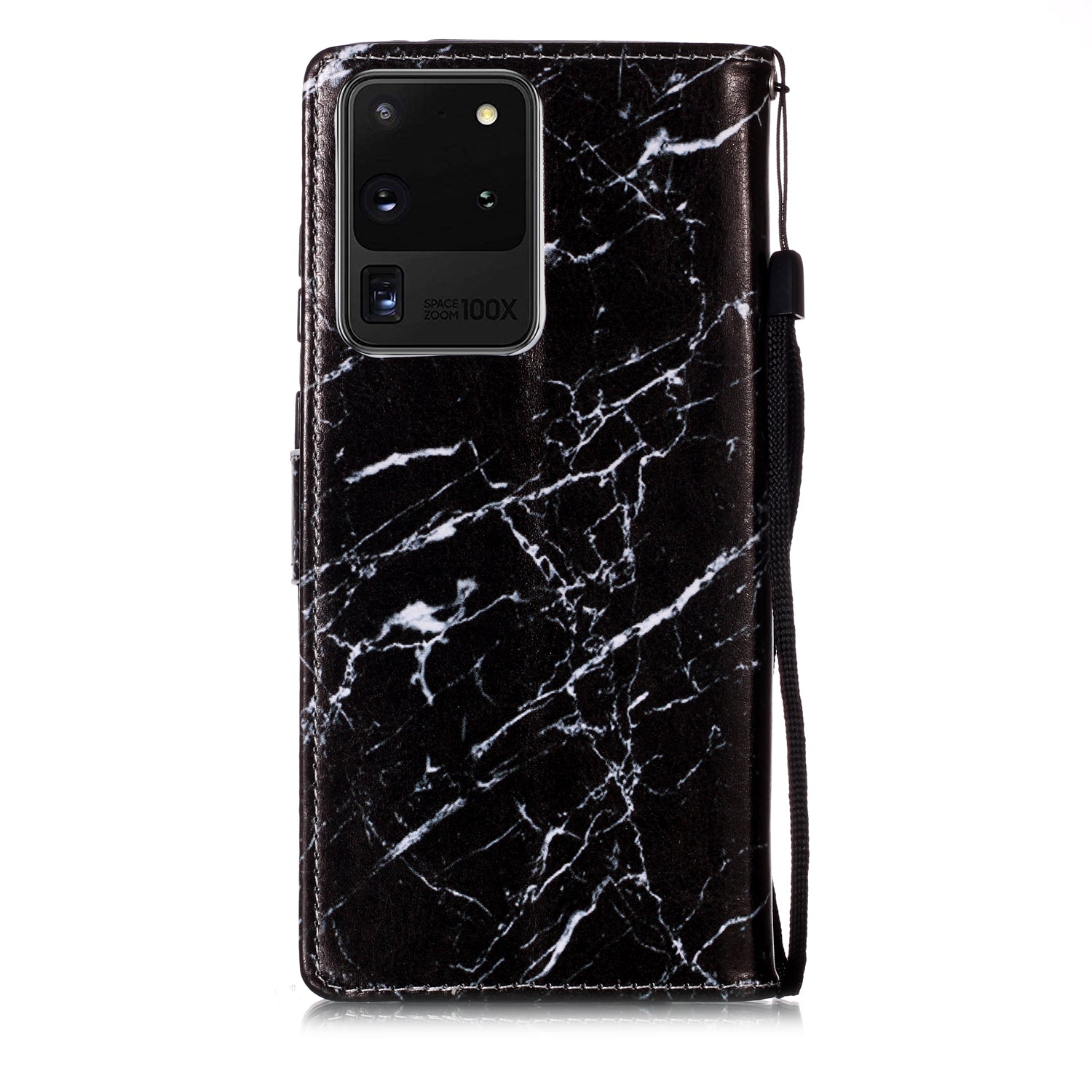 New Pattern Printing Leather Wallet Stand Phone Case for Samsung Galaxy S20 Ultra - Black Marble Grain