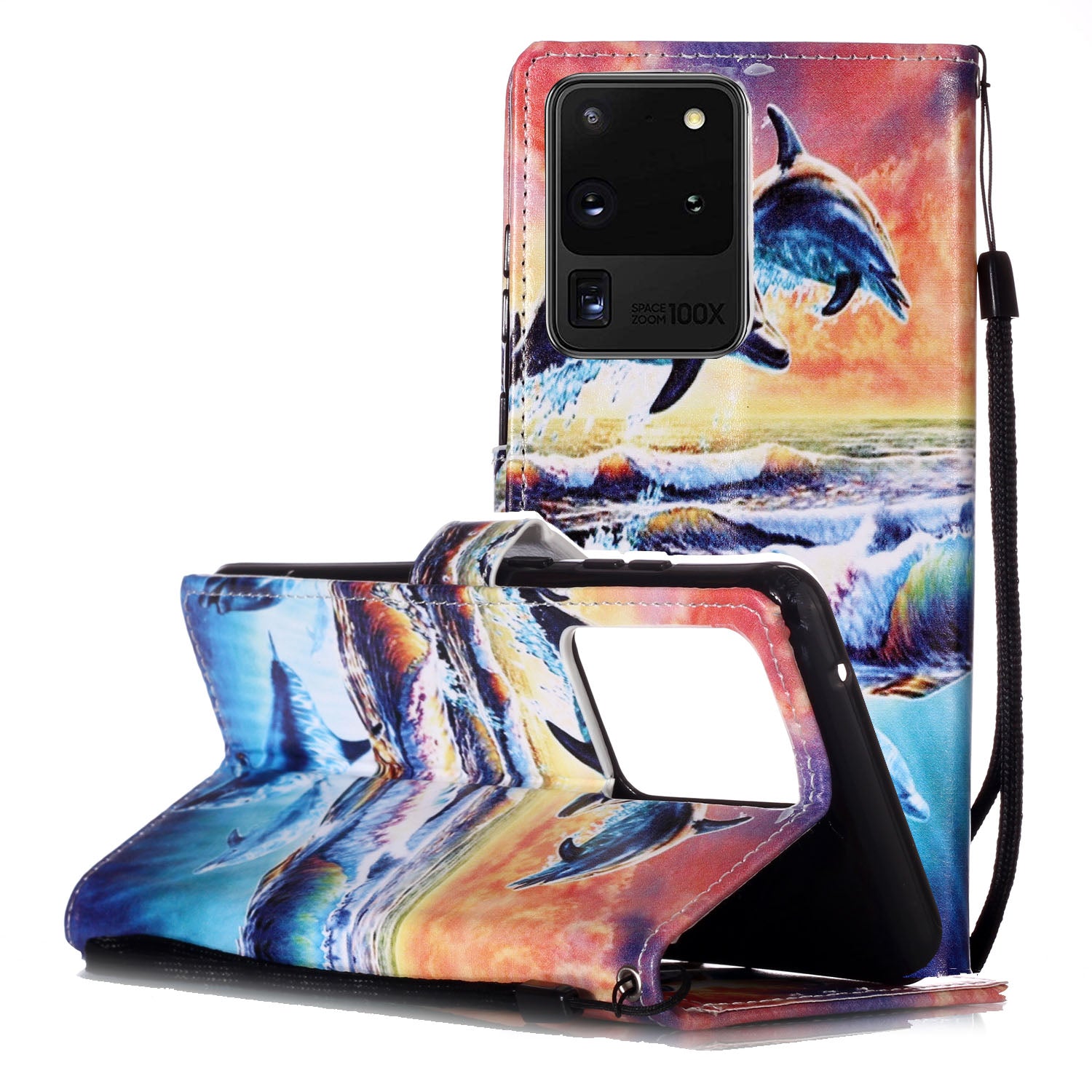 New Pattern Printing Leather Wallet Stand Phone Case for Samsung Galaxy S20 Ultra - Dolphin