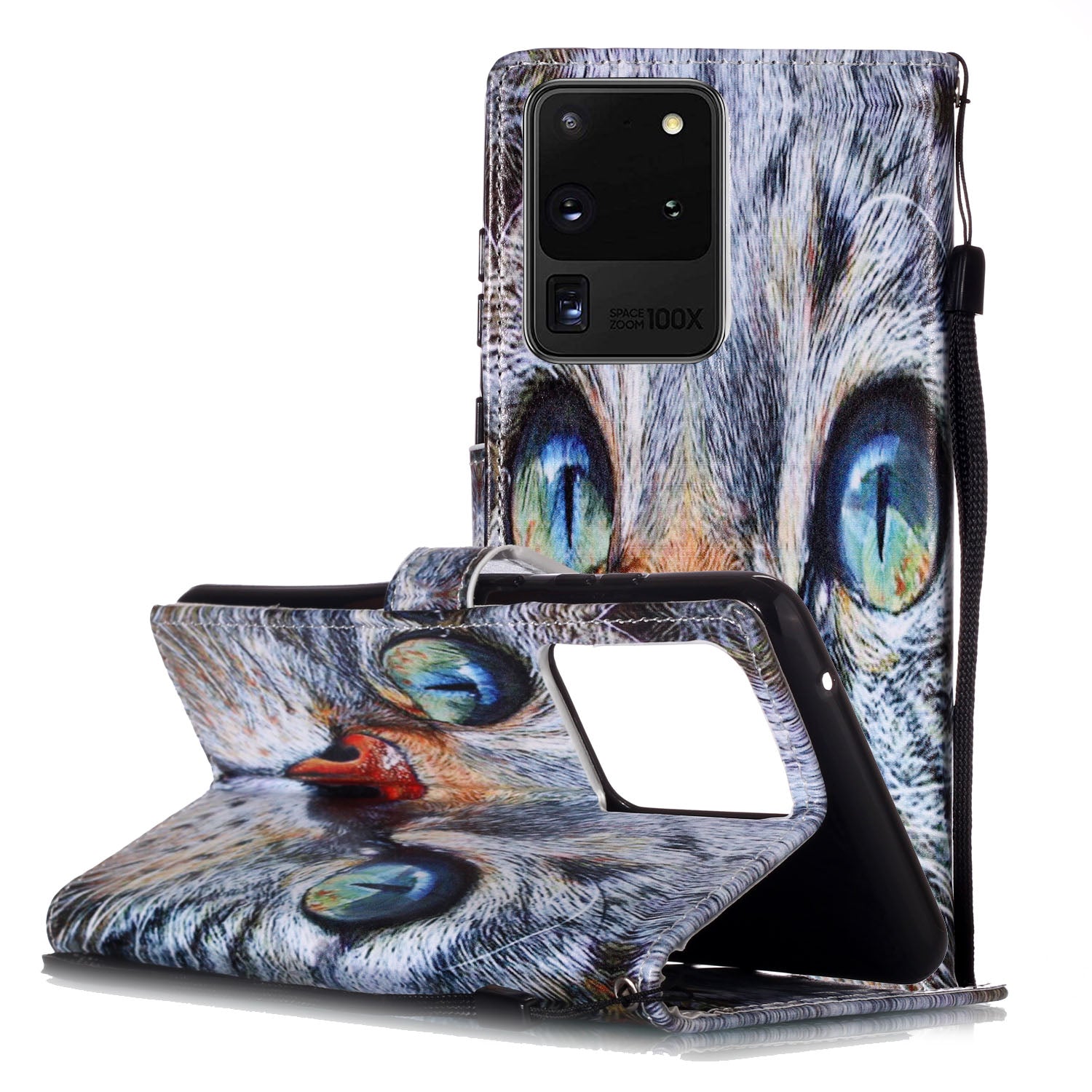 New Pattern Printing Leather Wallet Stand Phone Case for Samsung Galaxy S20 Ultra - Blue Cat Eyes