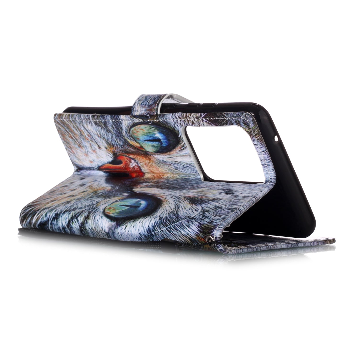 New Pattern Printing Leather Wallet Stand Phone Case for Samsung Galaxy S20 Ultra - Blue Cat Eyes