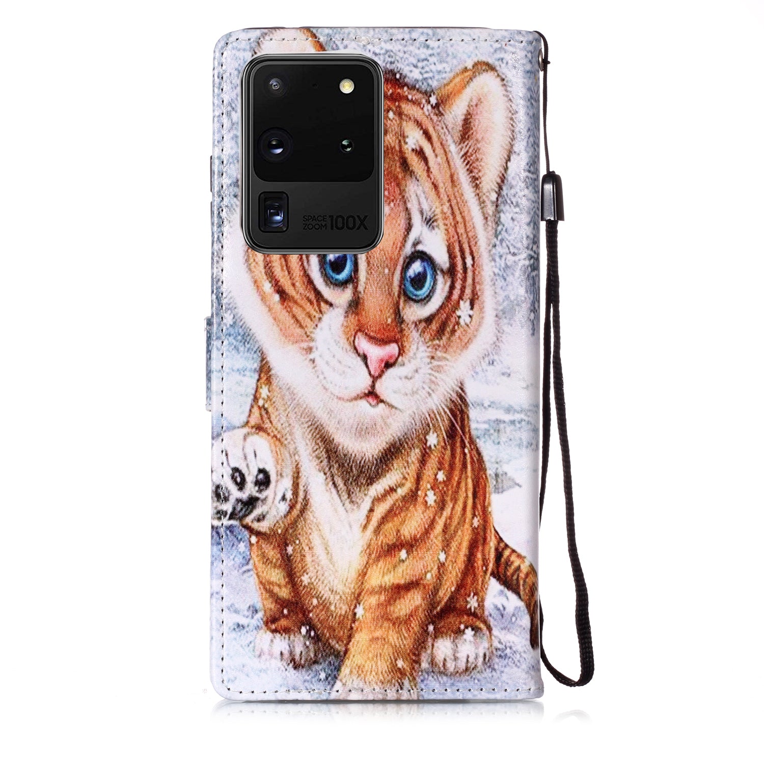 New Pattern Printing Leather Wallet Stand Phone Case for Samsung Galaxy S20 Ultra - Little Tiger