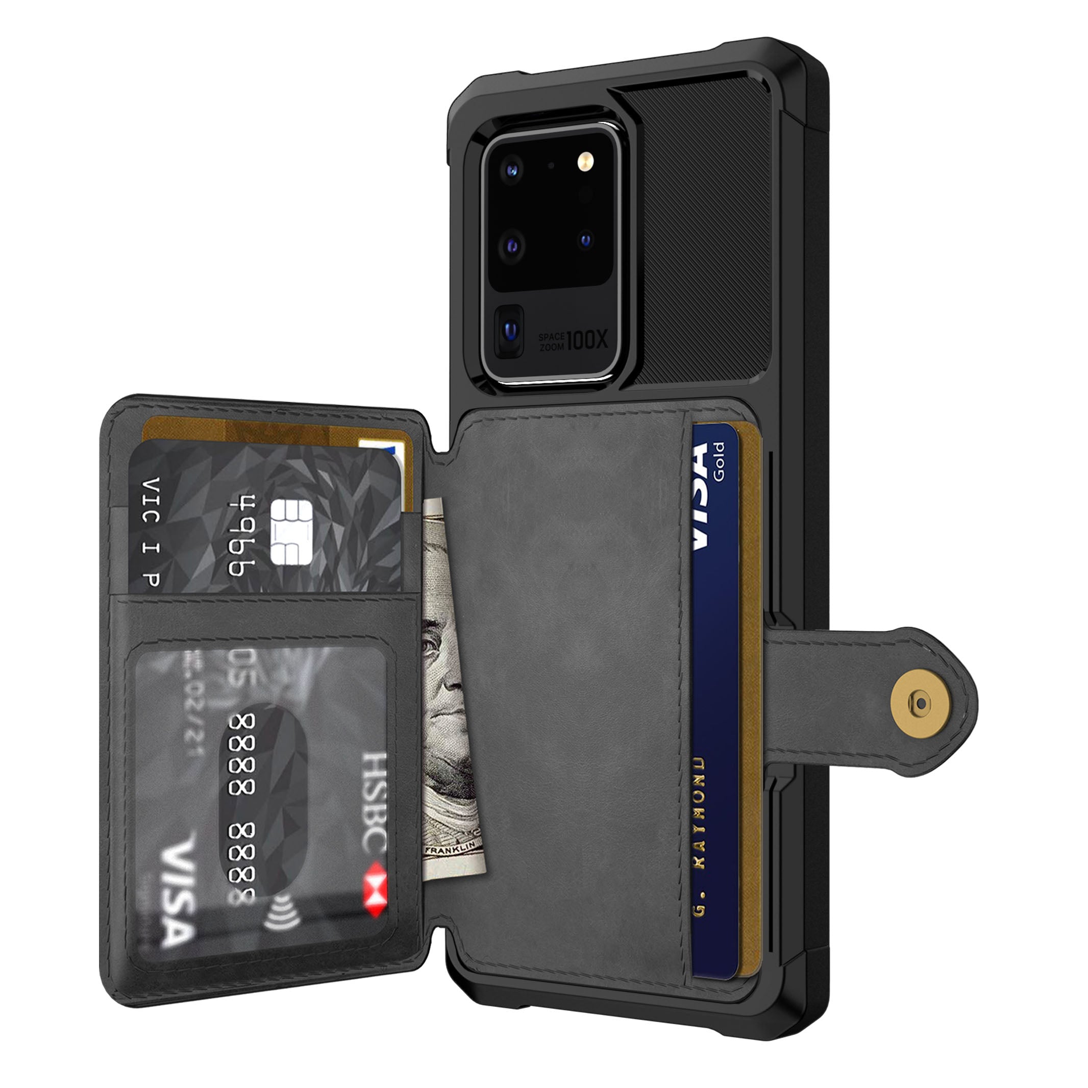 Leather Coated TPU with Wallet Kickstand Shell with Built-in Magnetic Sheet for Samsung Galaxy S20 Ultra - Black