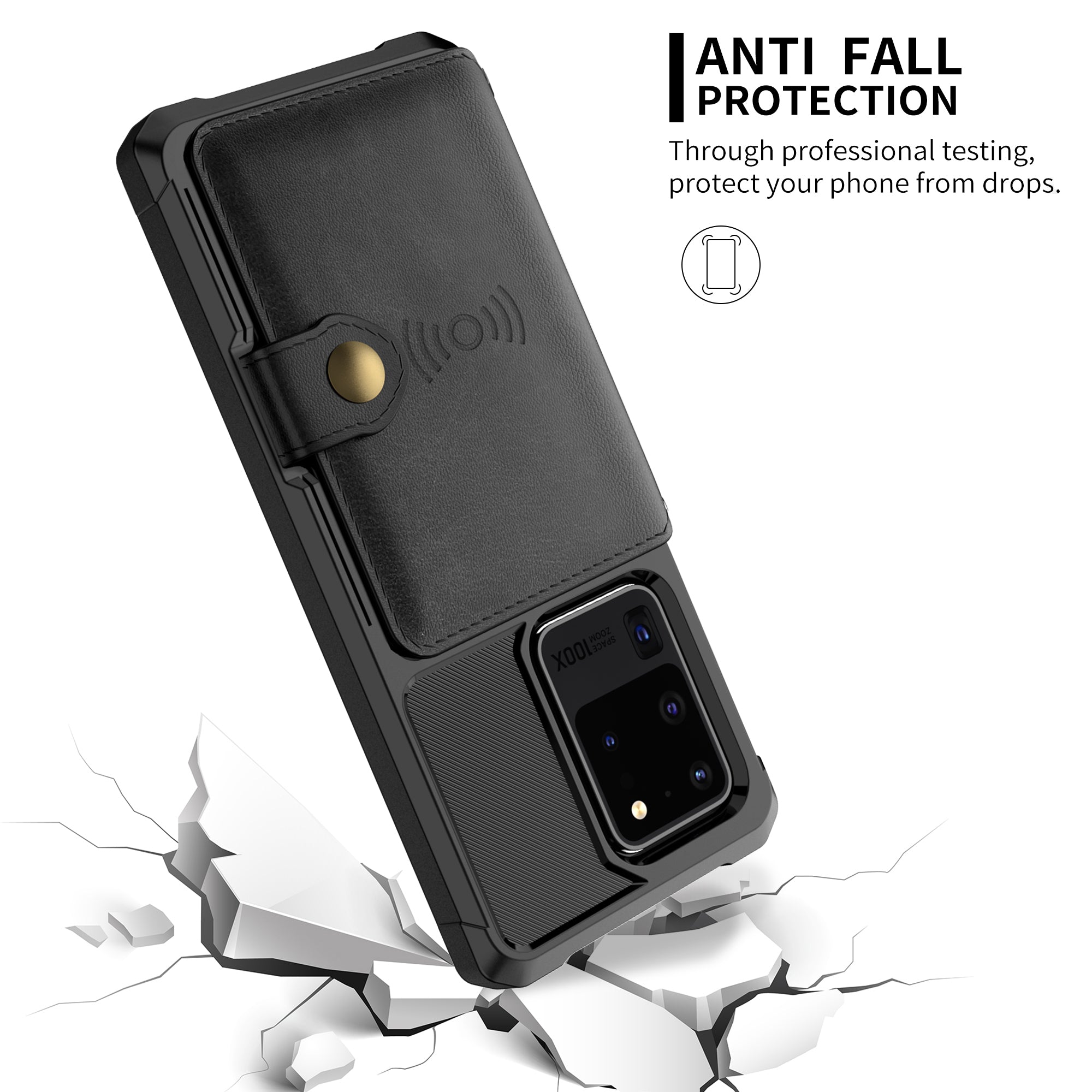 Leather Coated TPU with Wallet Kickstand Shell with Built-in Magnetic Sheet for Samsung Galaxy S20 Ultra - Black