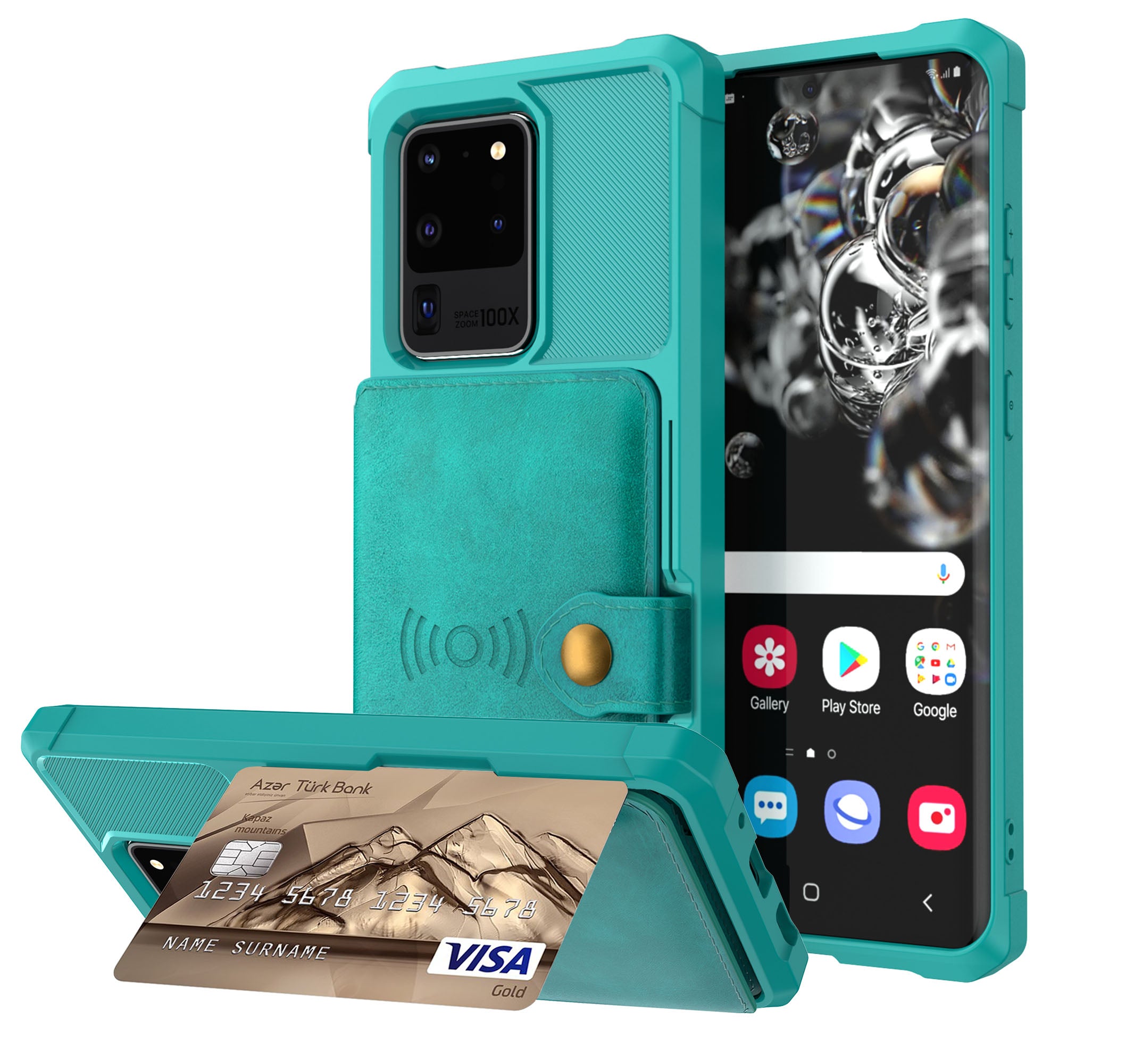 Leather Coated TPU with Wallet Kickstand Shell with Built-in Magnetic Sheet for Samsung Galaxy S20 Ultra - Cyan