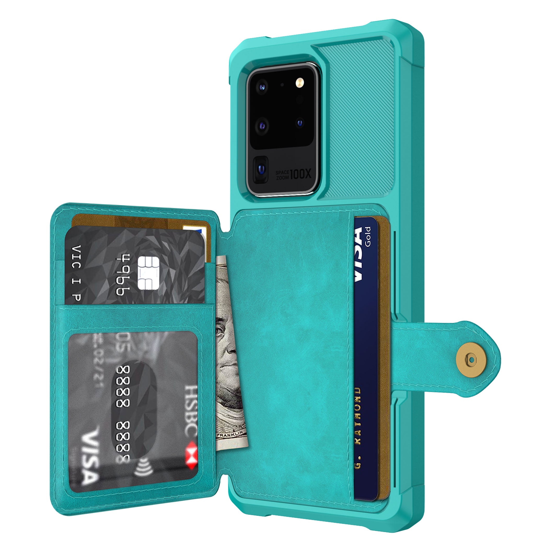 Leather Coated TPU with Wallet Kickstand Shell with Built-in Magnetic Sheet for Samsung Galaxy S20 Ultra - Cyan