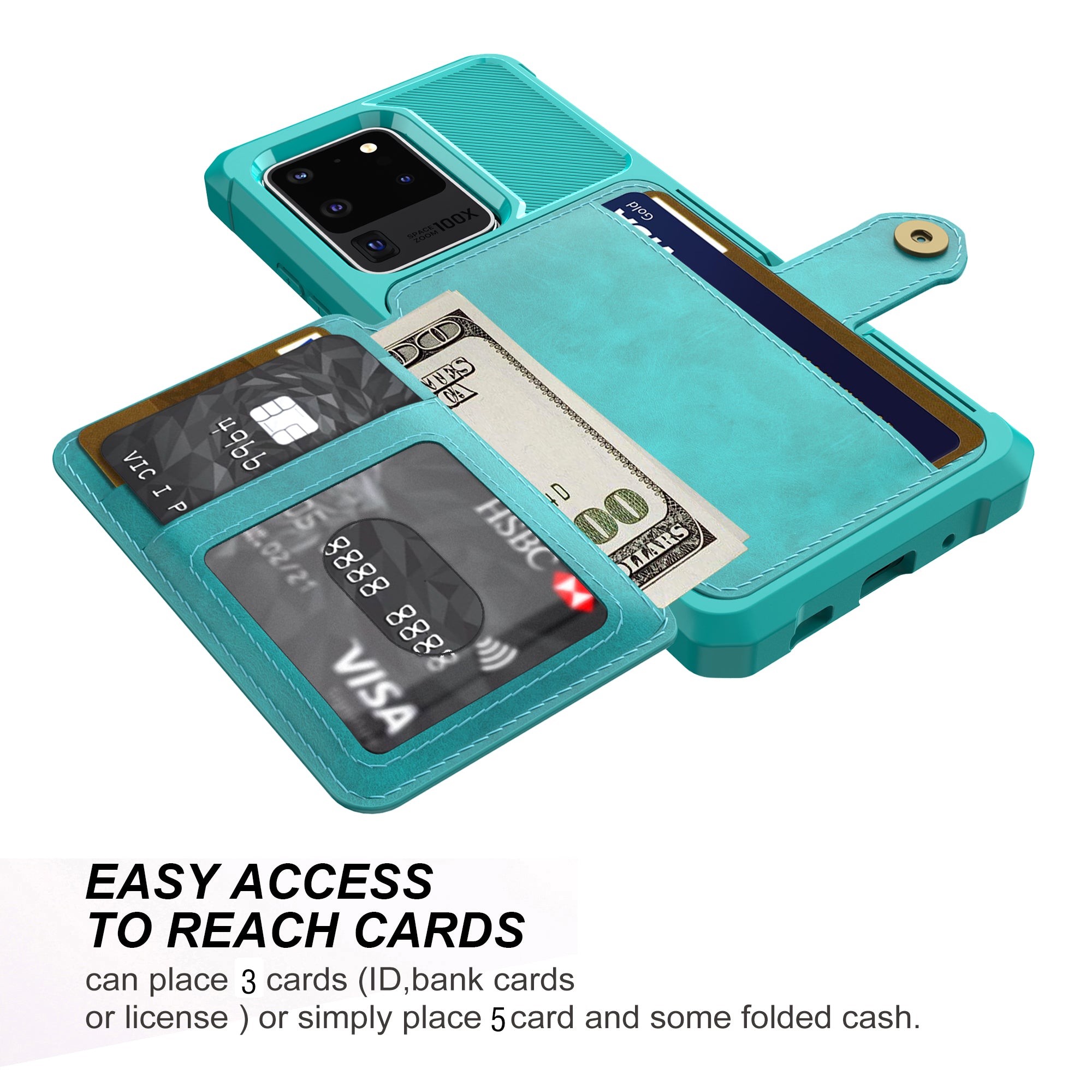 Leather Coated TPU with Wallet Kickstand Shell with Built-in Magnetic Sheet for Samsung Galaxy S20 Ultra - Cyan