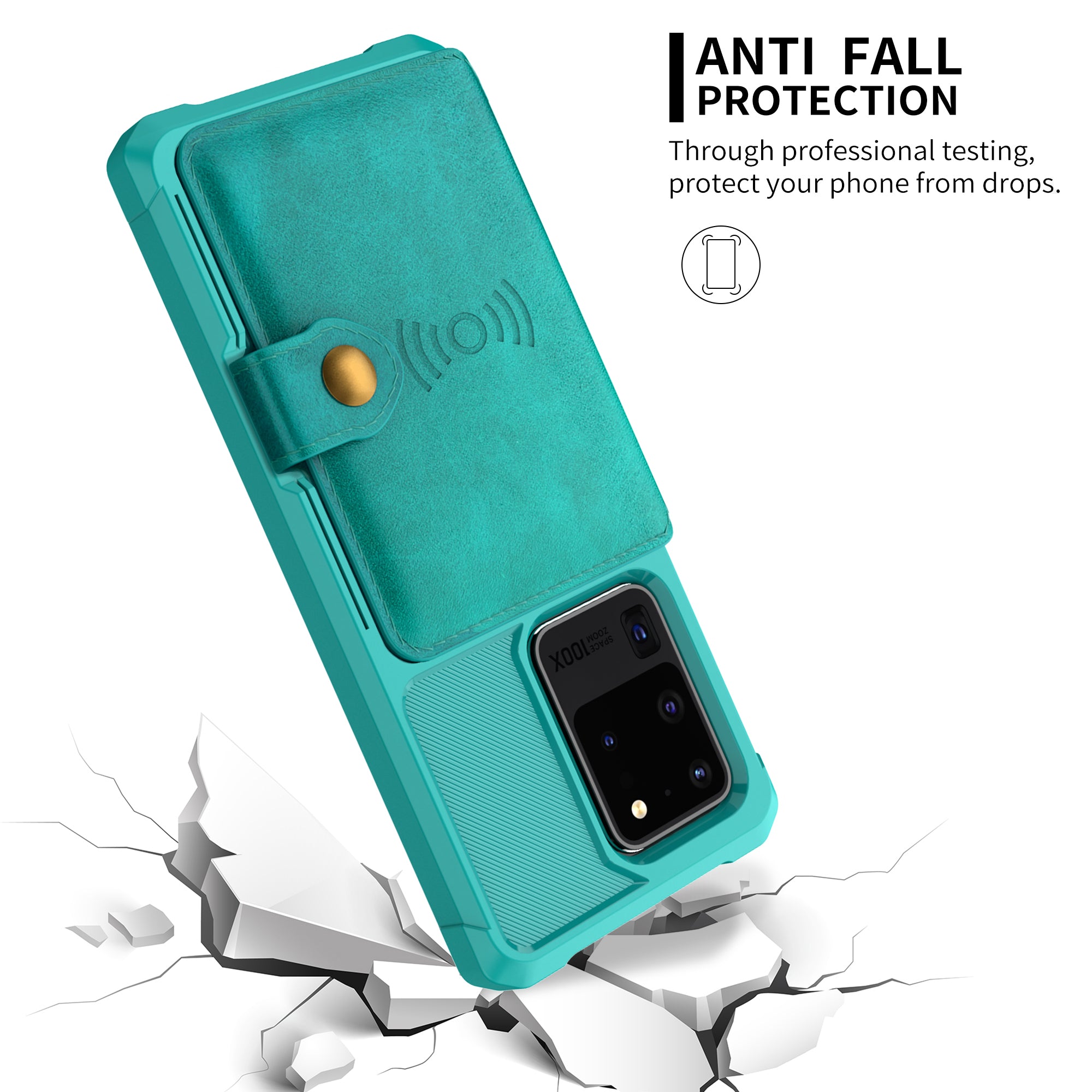 Leather Coated TPU with Wallet Kickstand Shell with Built-in Magnetic Sheet for Samsung Galaxy S20 Ultra - Cyan