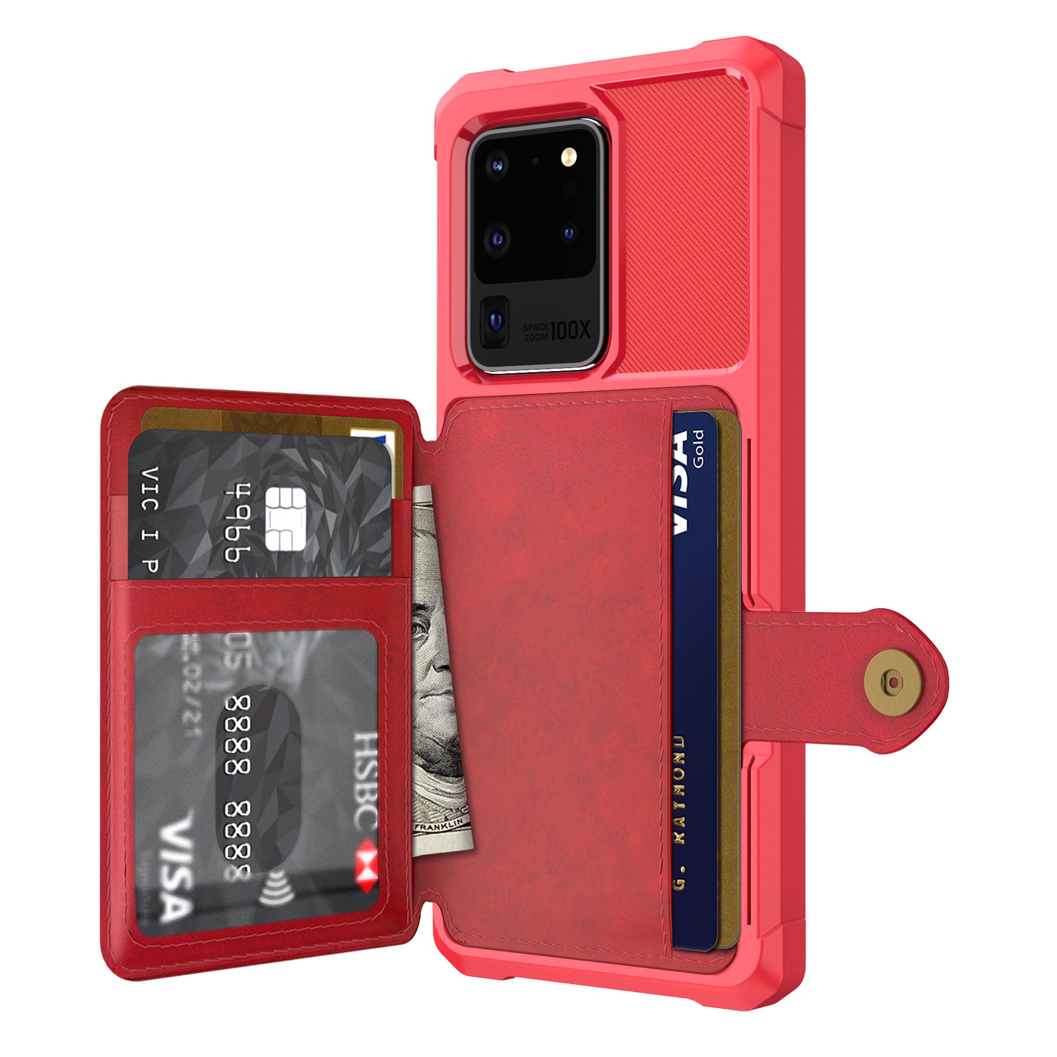 Leather Coated TPU with Wallet Kickstand Shell with Built-in Magnetic Sheet for Samsung Galaxy S20 Ultra - Red