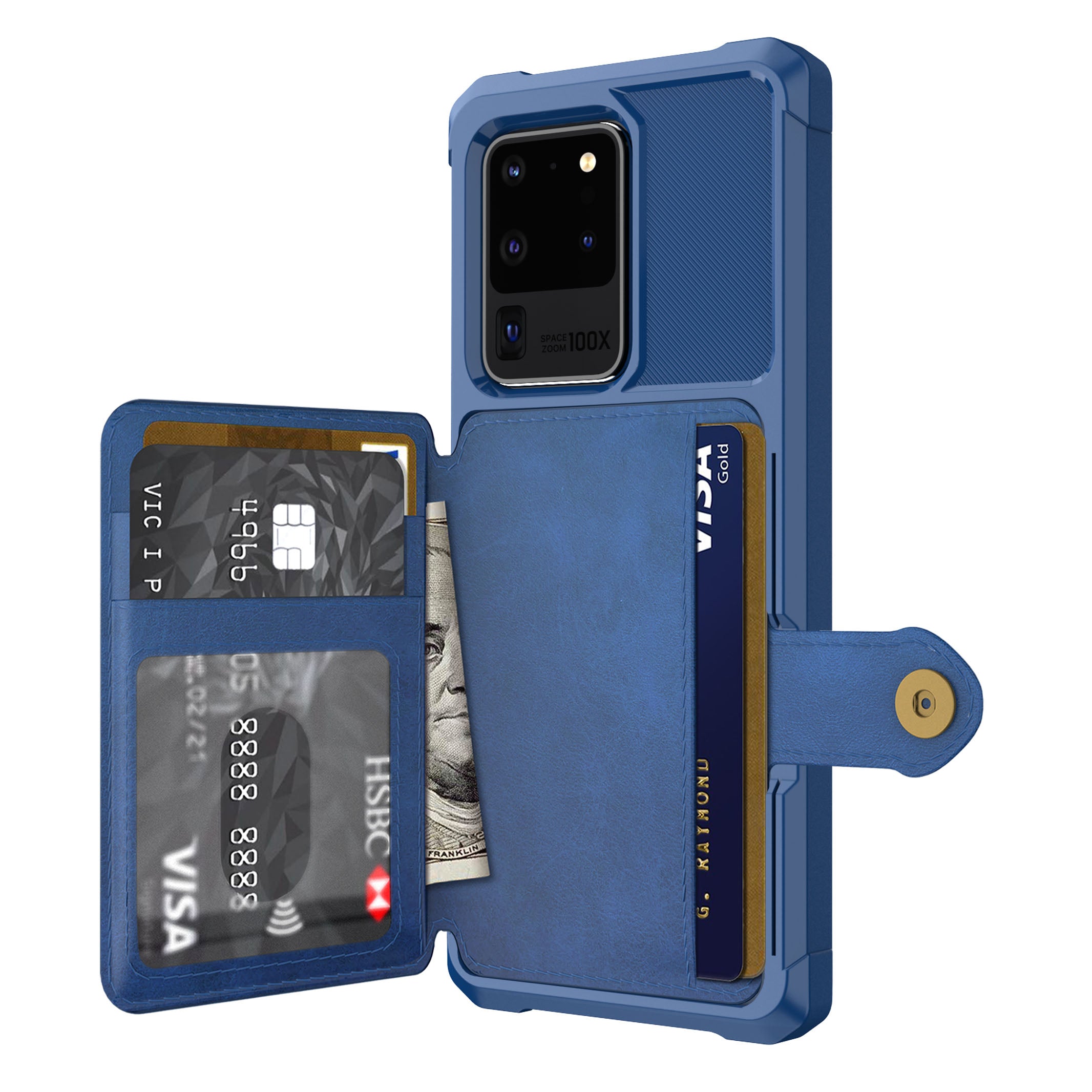 Leather Coated TPU with Wallet Kickstand Shell with Built-in Magnetic Sheet for Samsung Galaxy S20 Ultra - Blue