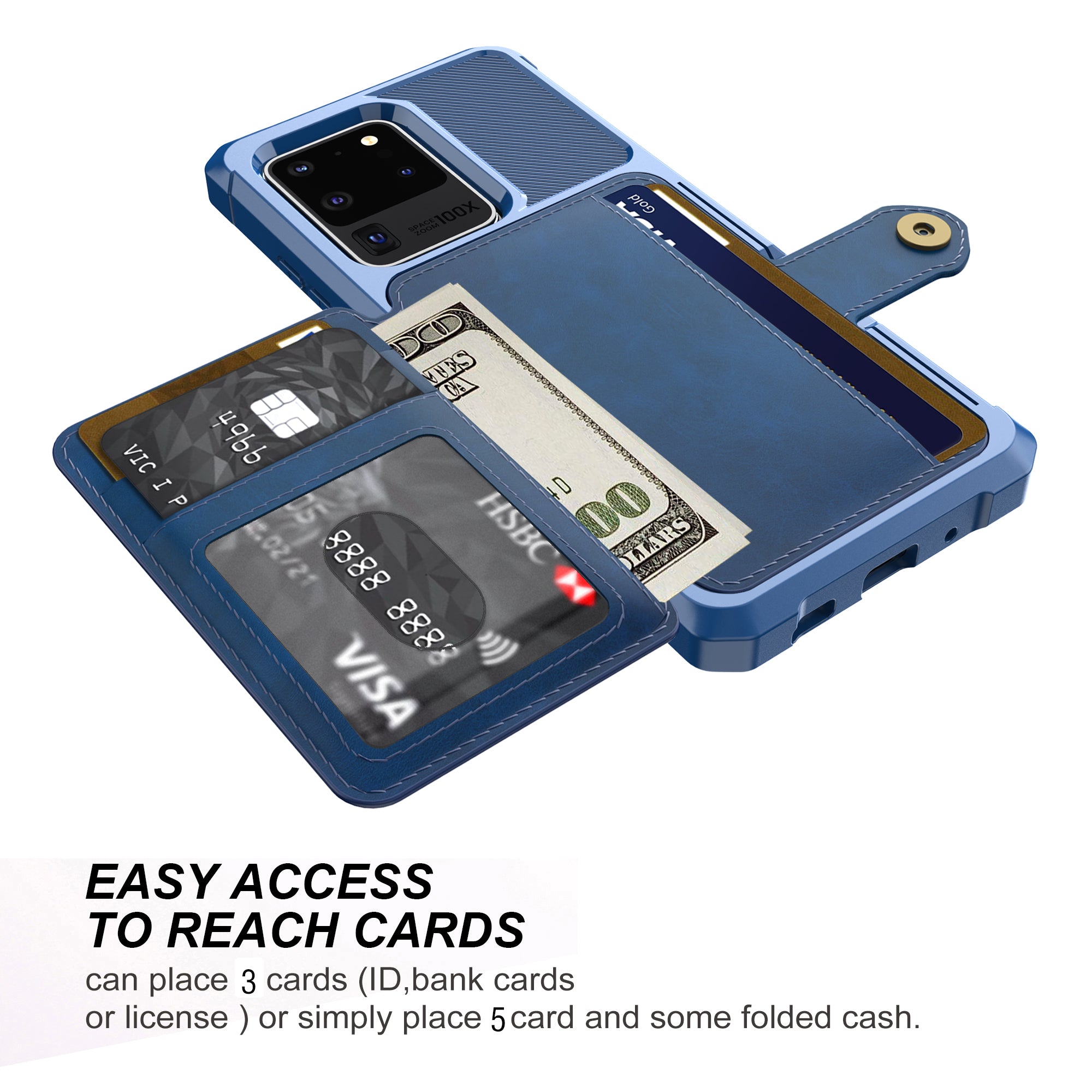 Leather Coated TPU with Wallet Kickstand Shell with Built-in Magnetic Sheet for Samsung Galaxy S20 Ultra - Blue