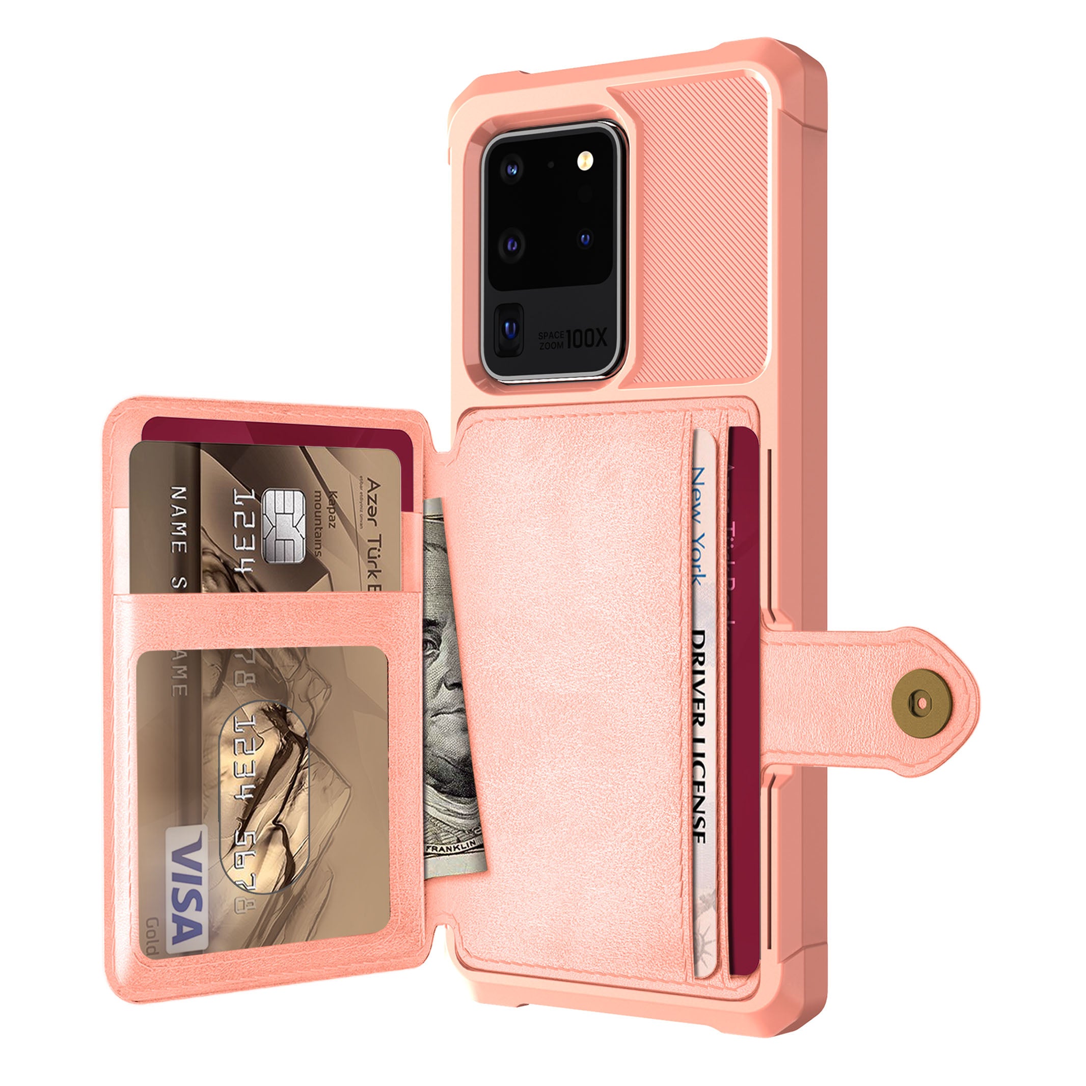 Leather Coated TPU with Wallet Kickstand Shell with Built-in Magnetic Sheet for Samsung Galaxy S20 Ultra - Rose Gold