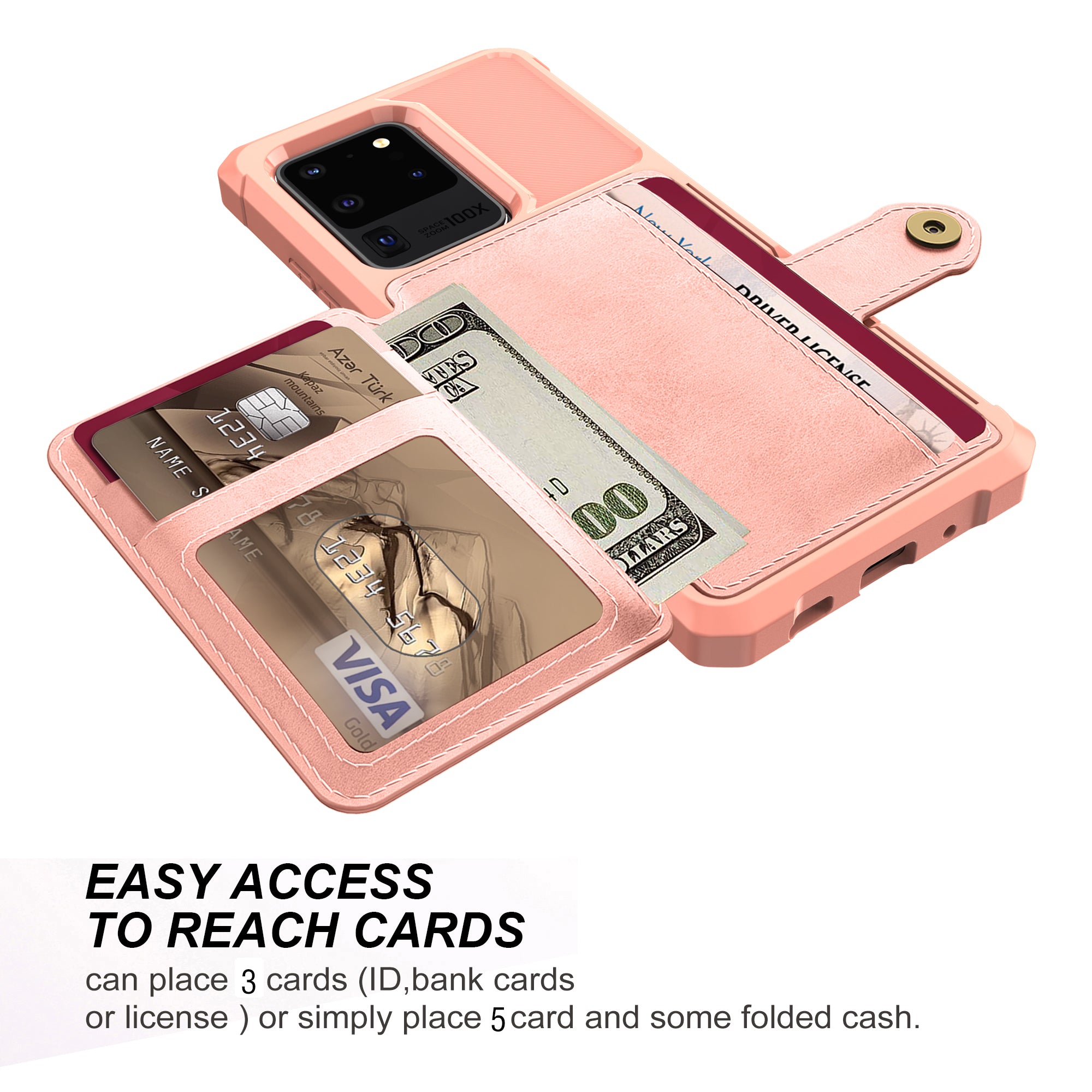 Leather Coated TPU with Wallet Kickstand Shell with Built-in Magnetic Sheet for Samsung Galaxy S20 Ultra - Rose Gold