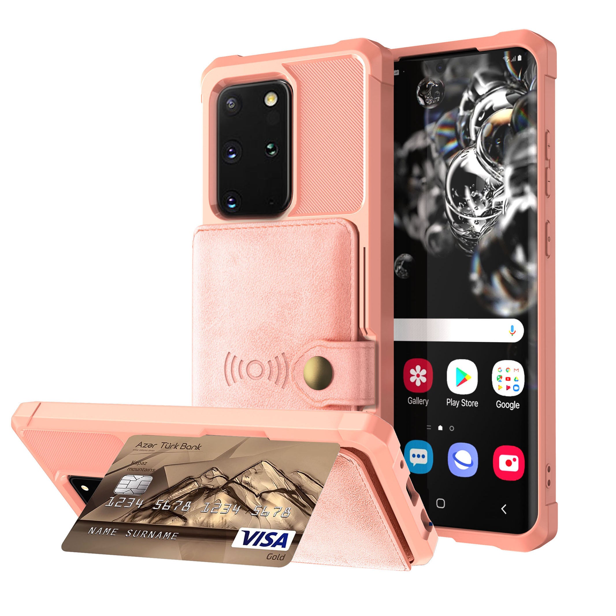 Wallet Kickstand Leather Coated TPU Cover Built-in Magnetic Sheet for Samsung Galaxy S20 Plus/S20 Plus 5G - Rose Gold