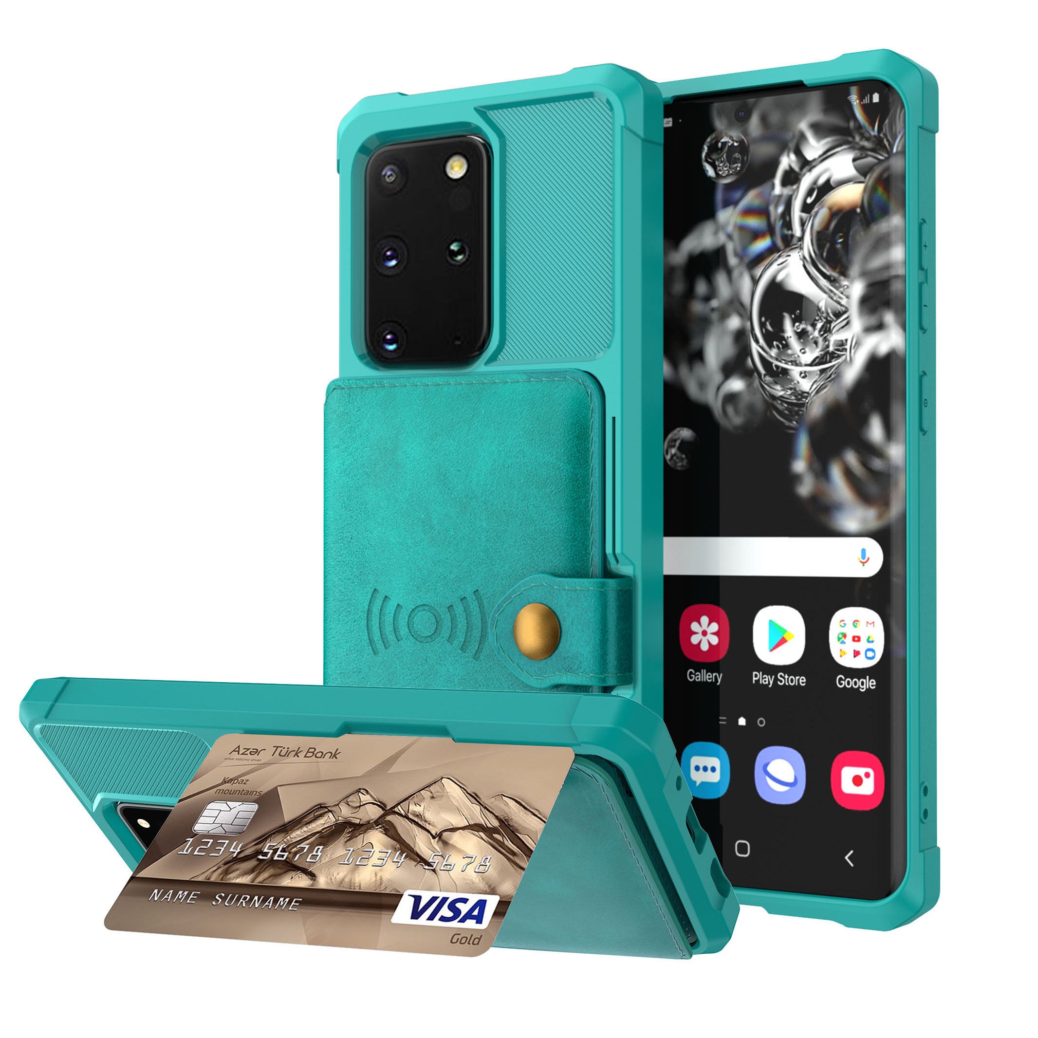 Wallet Kickstand Leather Coated TPU Cover Built-in Magnetic Sheet for Samsung Galaxy S20 Plus/S20 Plus 5G - Cyan