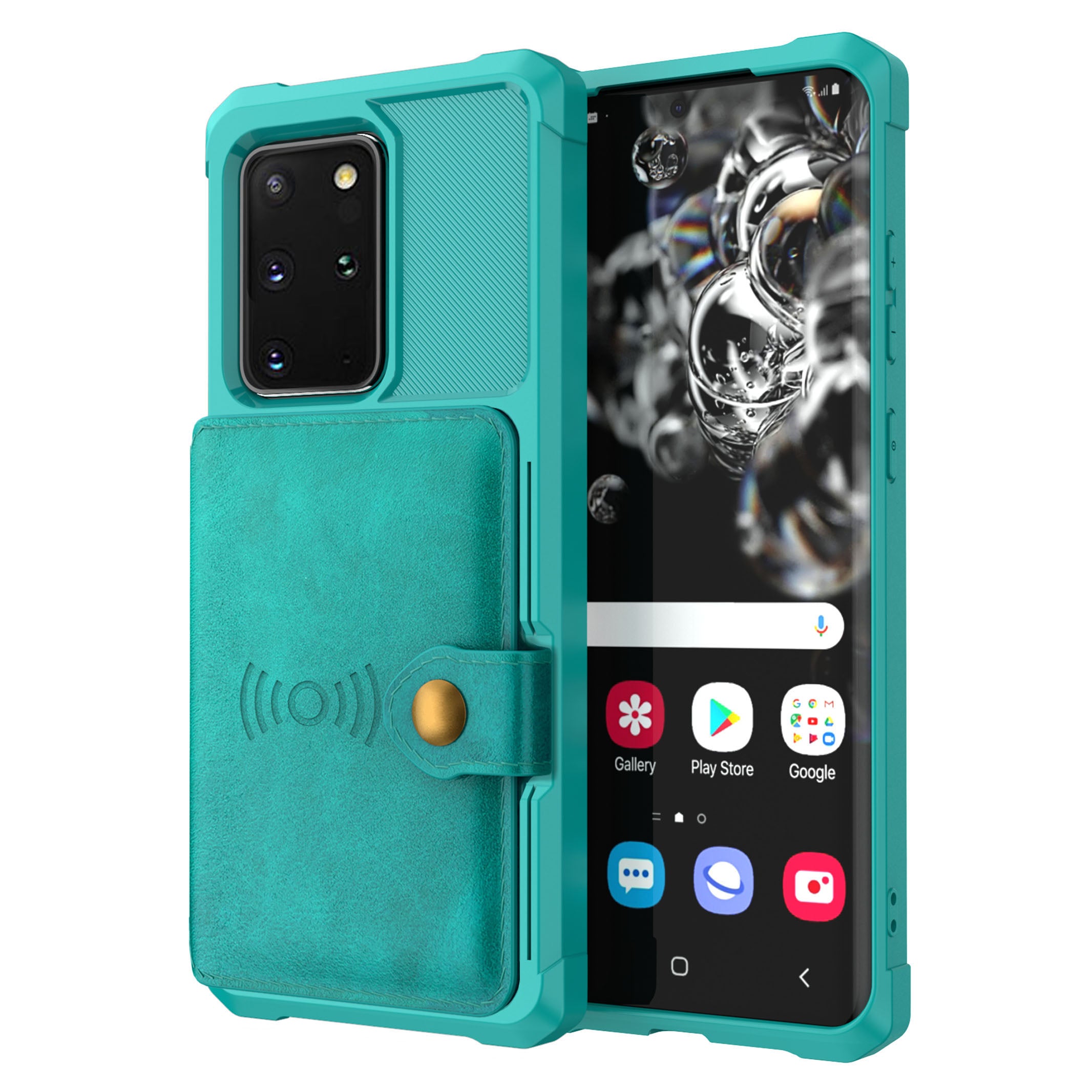 Wallet Kickstand Leather Coated TPU Cover Built-in Magnetic Sheet for Samsung Galaxy S20 Plus/S20 Plus 5G - Cyan