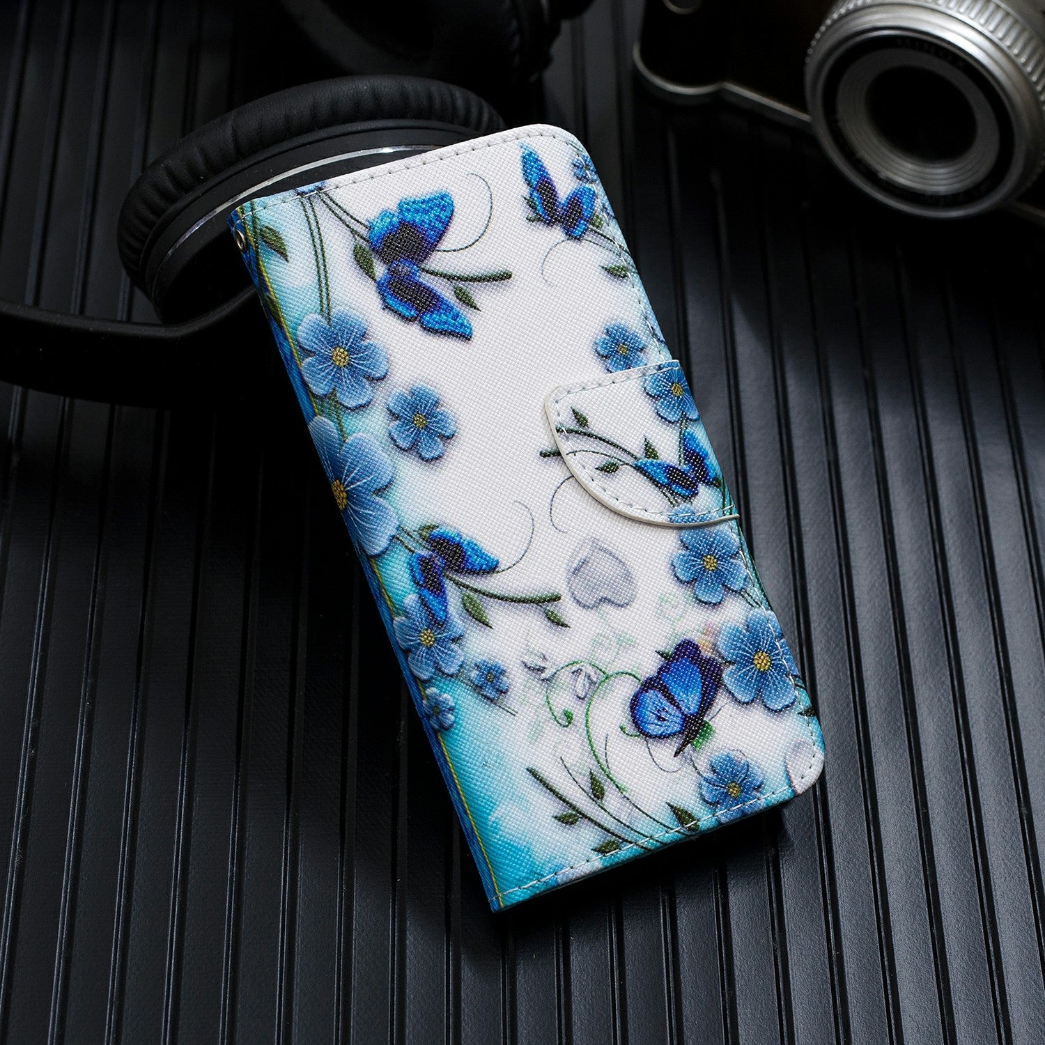 Cross Texture Pattern Printing Leather Wallet Phone Casing for Samsung Galaxy S20 Plus - Blue Flowers